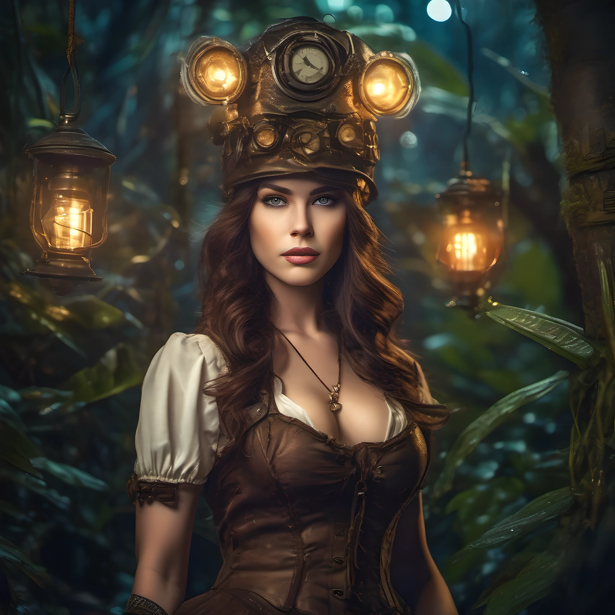 masterpiece, young beautiful woman as steampunk warrior walking through jungle
at night among fireflies, (high detail:1 1), rough face, natural skin, high quality,
beautiful eyes, (detailed face and eyes), (face: 1 2), noise, extra, real photo,
PSD, lamp film photography, sharp focus, contrast lighting, detailed skin,
high resolution 8k, crazy detail, realistic, professional photography,
8k UHD, SLR camera, soft lighting, high quality, film grain, Fujifilm XT3