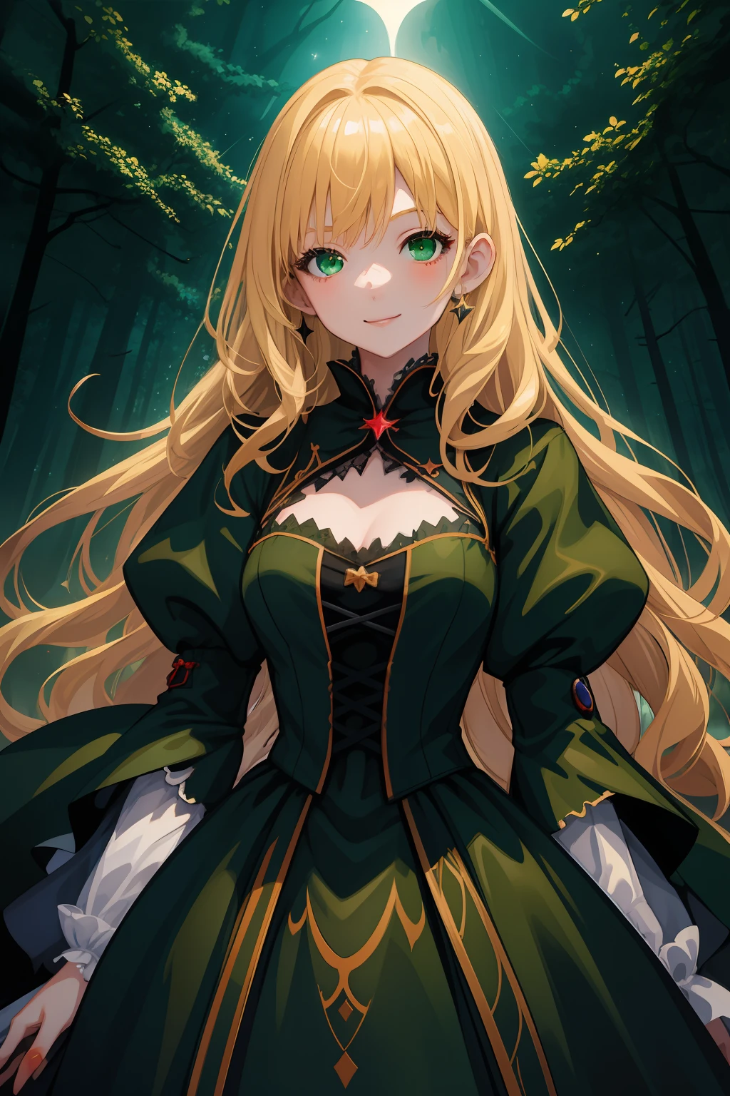 A  girl, Average height, Skinny, Medium-sized breasts. blonde hair, Green eyes, pretty eyes, Detail Eyes, ssmile. The girl is dressed in a black medieval dress in the European style. A girl stands in a dark forest, moonlight lighting, the night, Stars. The girl is surrounded by red butterflies. Magic, witchy. Detailed background, dinamic lighting, dynamicpose. Detailed outfit.