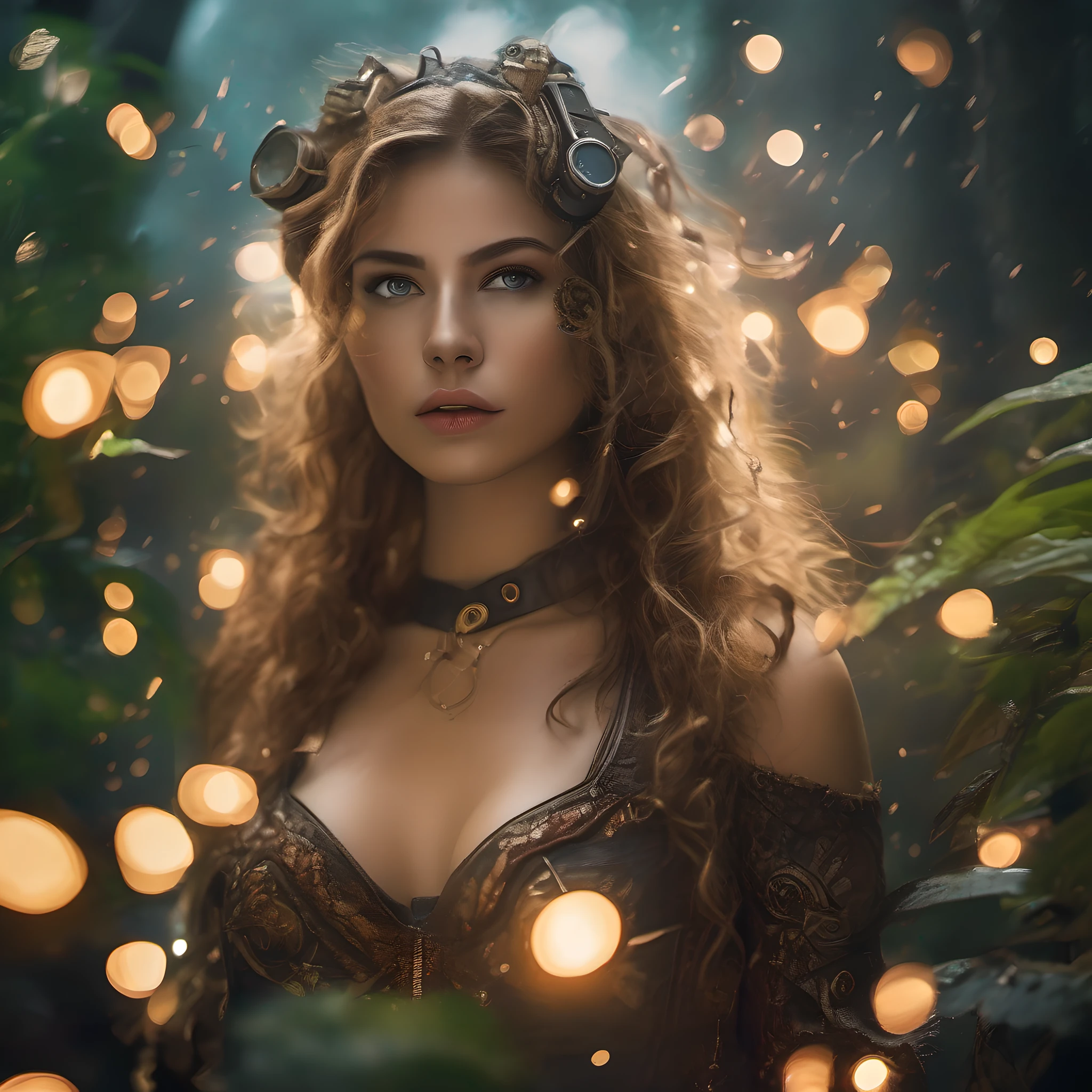 masterpiece, young beautiful woman as steampunk warrior walking through jungle
at night among fireflies, (high detail:1 1), rough face, natural skin, high quality,
beautiful eyes, (detailed face and eyes), (face: 1 2), noise, extra, real photo,
PSD, lamp film photography, sharp focus, contrast lighting, detailed skin,
high resolution 8k, crazy detail, realistic, professional photography,
8k UHD, SLR camera, soft lighting, high quality, film grain, Fujifilm XT3