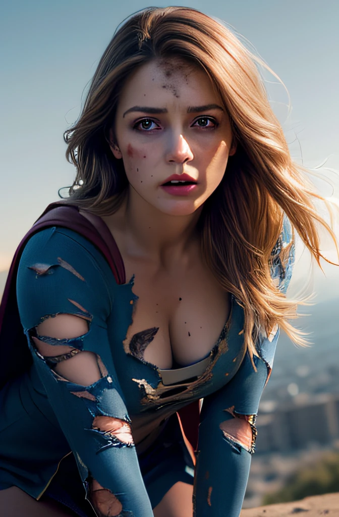 8k, best quality, real picture, intricate details, ultra-detailed, ultra highres, depth field,(photorealistic,realistic:1.2),masterpiece,photo of european girl, supergirl, (bruise, dirty, torn clothes, revealing clothes, blood:1.3), blue eyes, blonde hair, long hair, ripped cape, ripped pantyhose, superhero, solo, sun, blue sky,
best quality, realistic, photorealistic, (intricate details:1.2), (delicate detailed), (cinematic light), clear line, sharp focus, realistic face, detailed face,
unity 8k wallpaper, ultra high res, (photorealistic:1.4), looking at viewer