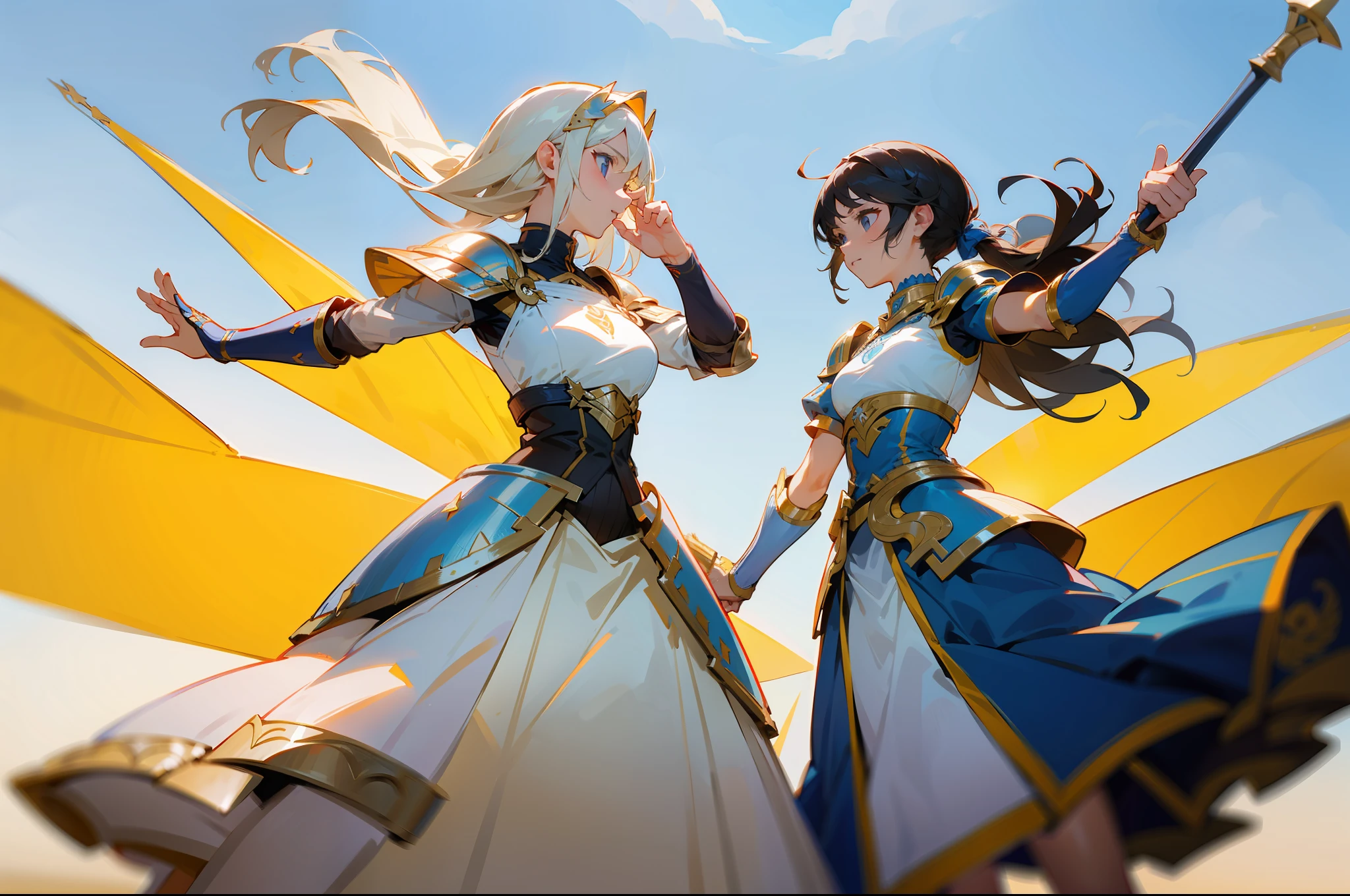 primer plano. Una foto de dos gladiadoras muy bellas y atractivas, usando varias piezas de armadura y levantando los brazos con el arma hacia arriba