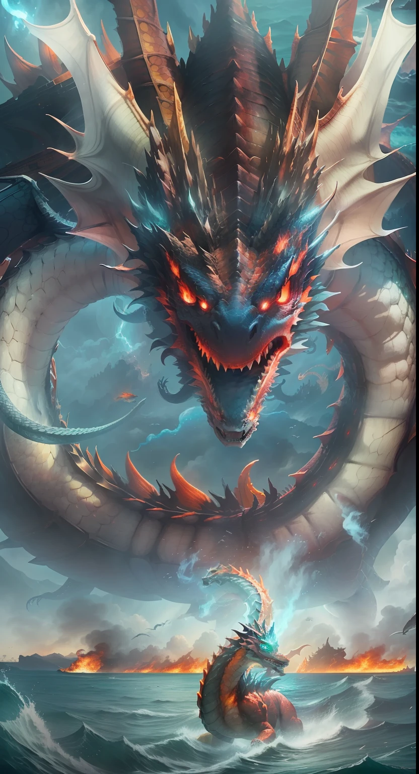 Cinematic light, detail-rich, Best Picture Quality,the ocean,firestorm,A huge oriental dragon,ultra-wide-angle,Look at the audience