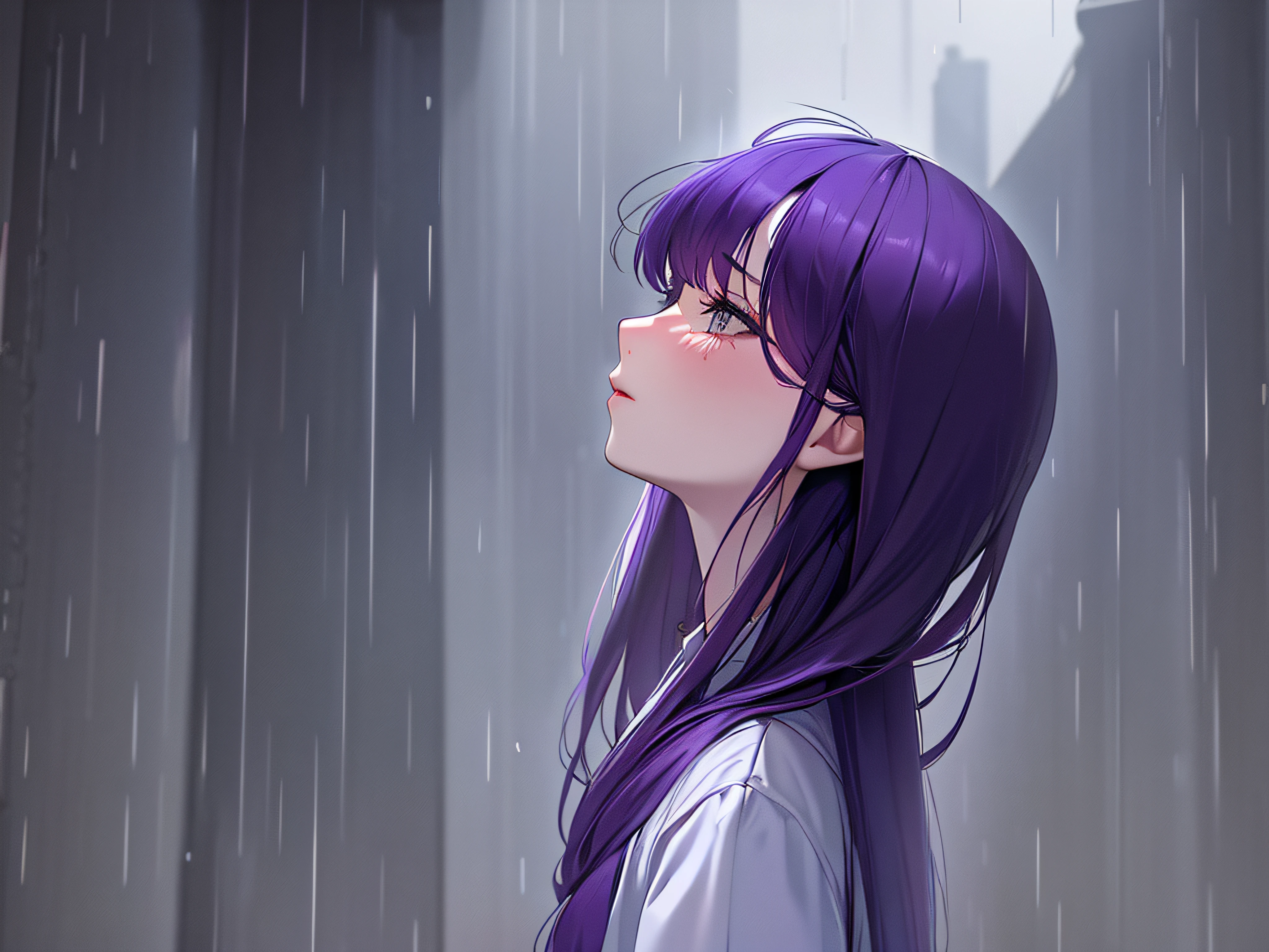 sad girl with purple hair in raining day