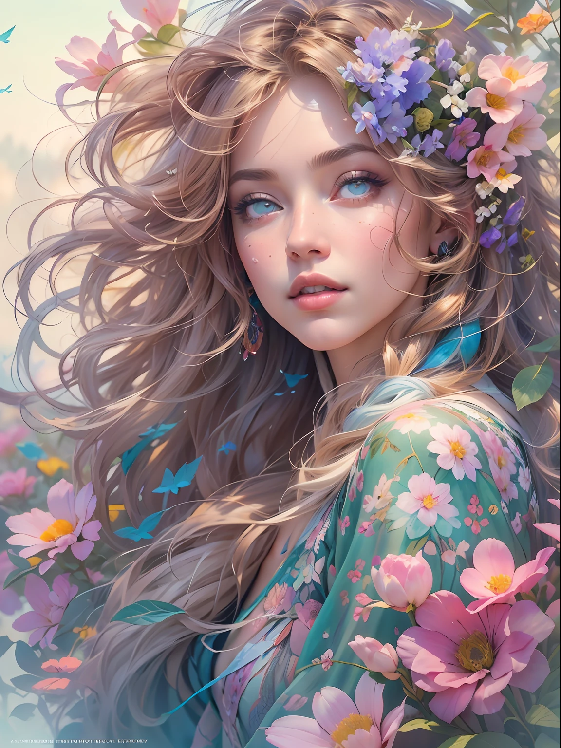 This artwork is dreamy and in the style of mythic fantasy, with soft watercolor hues in varying shades of pink, blue, and purple. Generate an ornate figure from Greek mythology and realistic skin and hair texture. Her strong, proud face has realistically shaded eyes and puffy lips, and a big mouth. Her soft, realistic hair is dancing in the breeze along with the flowers and detailed butterflies that surround her. Include highly detailed fantasy touches including a beautiful watercolor sky. Include 8k eyes, hires eyes, beautiful detail eyes, beautiful detailed eyes, and realistic eyes. Include fantasy details, enhanced details, iridescence, and colorful glitter. Pay special attention to her face and make sure it is beautifully and realistically detailed. 8k, intricate, elegant, highly detailed, majestic, digital photography, art by artgerm and ruan jia and greg rutkowski, (((masterpiece, finely detailed beautiful eyes: 1.2))), hdr, ((realistic skin texture)), rays of light, ornate flowers, dew drops, sunlight, hazy rays of sun, flowergateway style, castle, palace, archway, flowers, growing