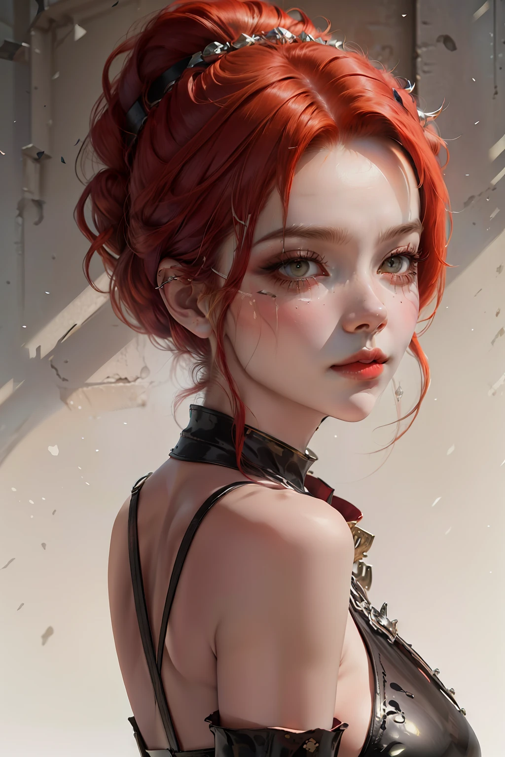red haired pretty woman, short and low ponytail, two heavy scars across right eye (starting from top of eye), white eyes, smug, cocky, black and red leather top, portrait, medieval times, drop shadow, wide shot, high detail, anatomically correct, masterpiece, highres, high quality, high details, 8k, retina, huge boobs and ass
