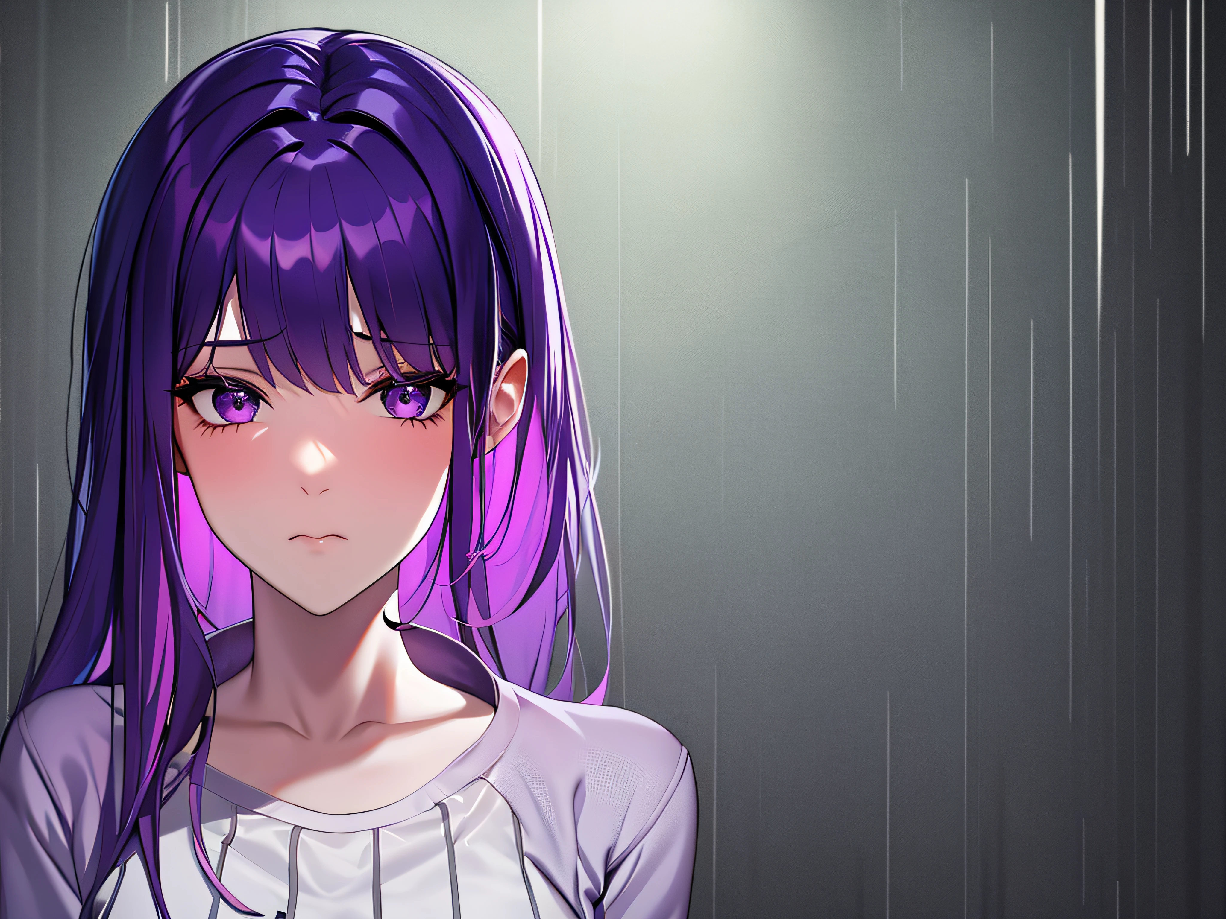 sad girl with purple hair in raining day