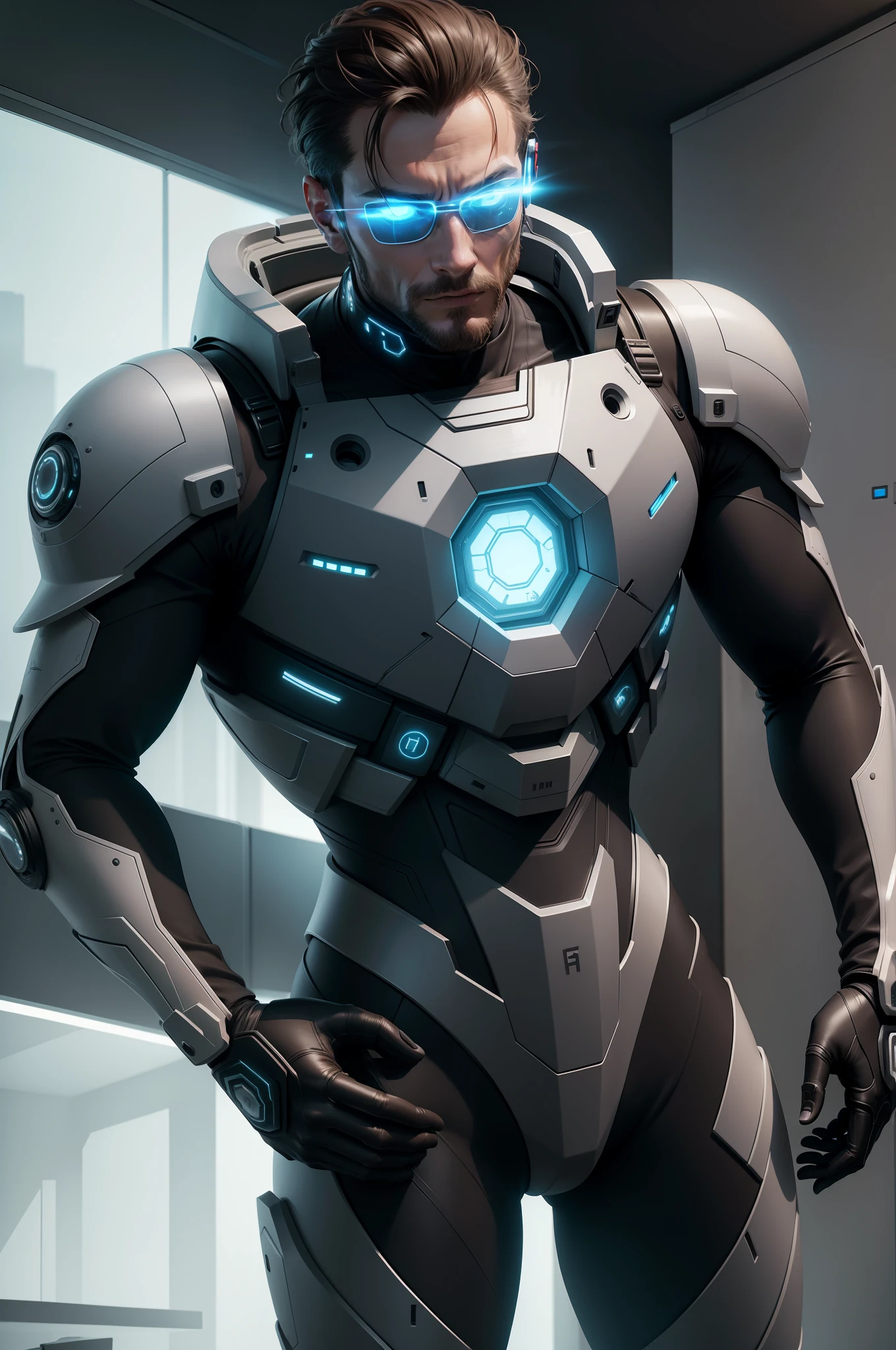 there is a man in a futuristic suit doing architect work, cyber suit, full cybernetic combat suit, ultra realistic, ultra detailled, 8k, photorealistic, highly detailed, cinematic