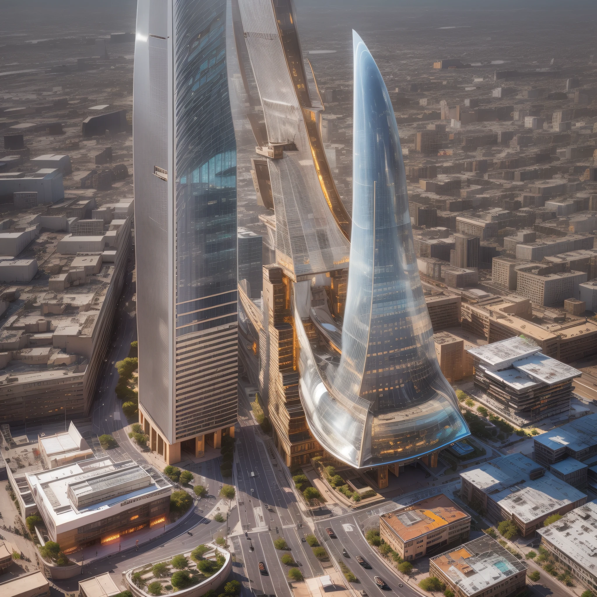 en un planeta desconocido la tripulacion de una spacecraft, Stroll through its bright pavement observing the immense buildings of great technology and fantastic design with colors of the luminous arch and abundance of silver, oro y bronce en sus edificaciones.