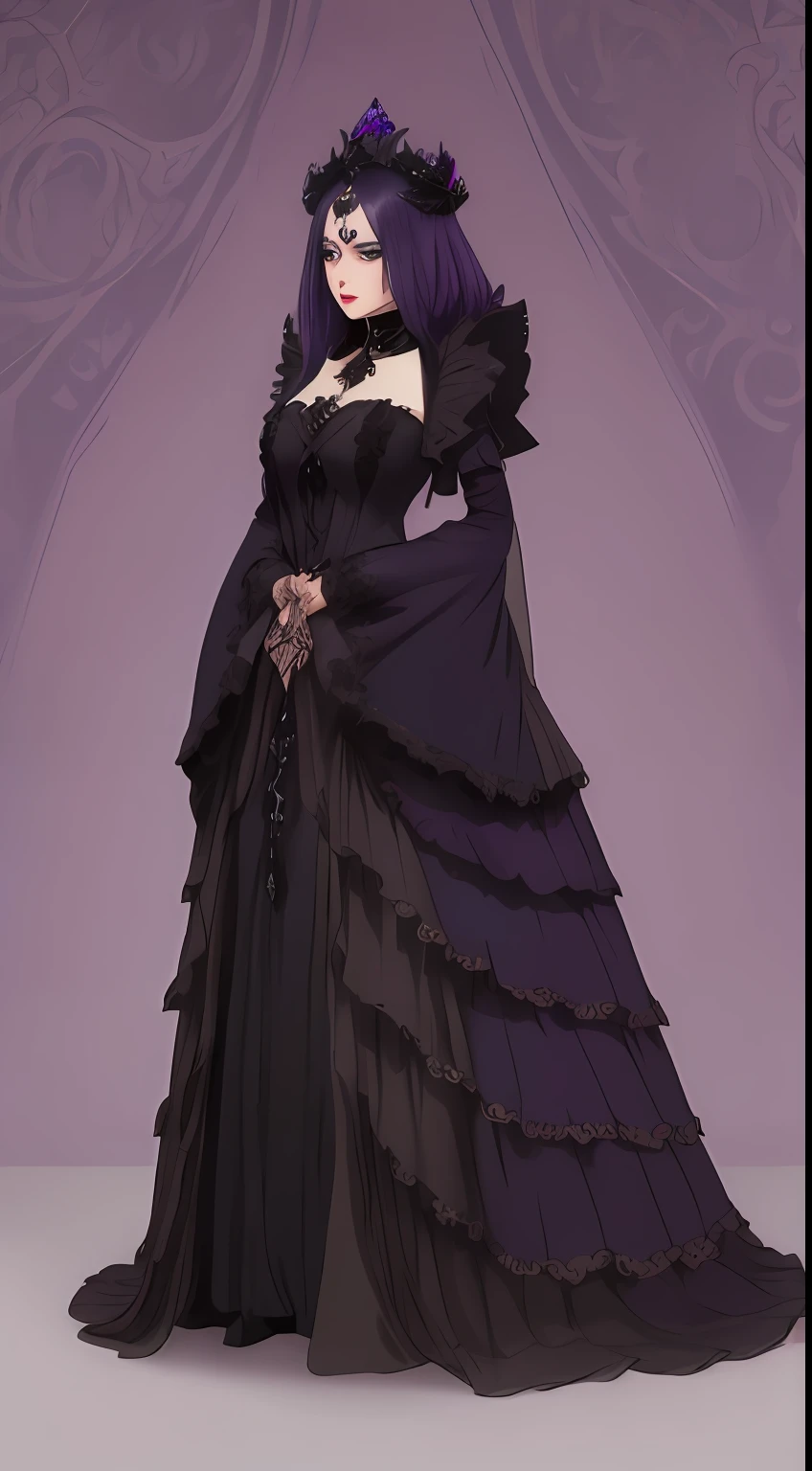 A dark queen with gentle face and a crown with a purple diamond ,wide shot , gothic back ground, in semi side view, (((full body)))