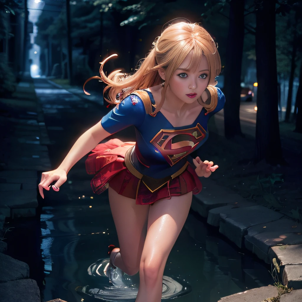 ((masterpiece)), 4k, beautiful (Japanese cute idle) , ((best quality)), professional lighting, highres , blonde hair, looking at viewer, red sparkly lips, (supergirl costume), sweaty and wet, realistic painting, intricate, full body, (realistic eye:0.9), (realistic painting:0.9), beautiful shine blue eyes,  profile, embarrassed, strong neon backlight, oily, rainy, transparent, clean nasal bridge, frozen