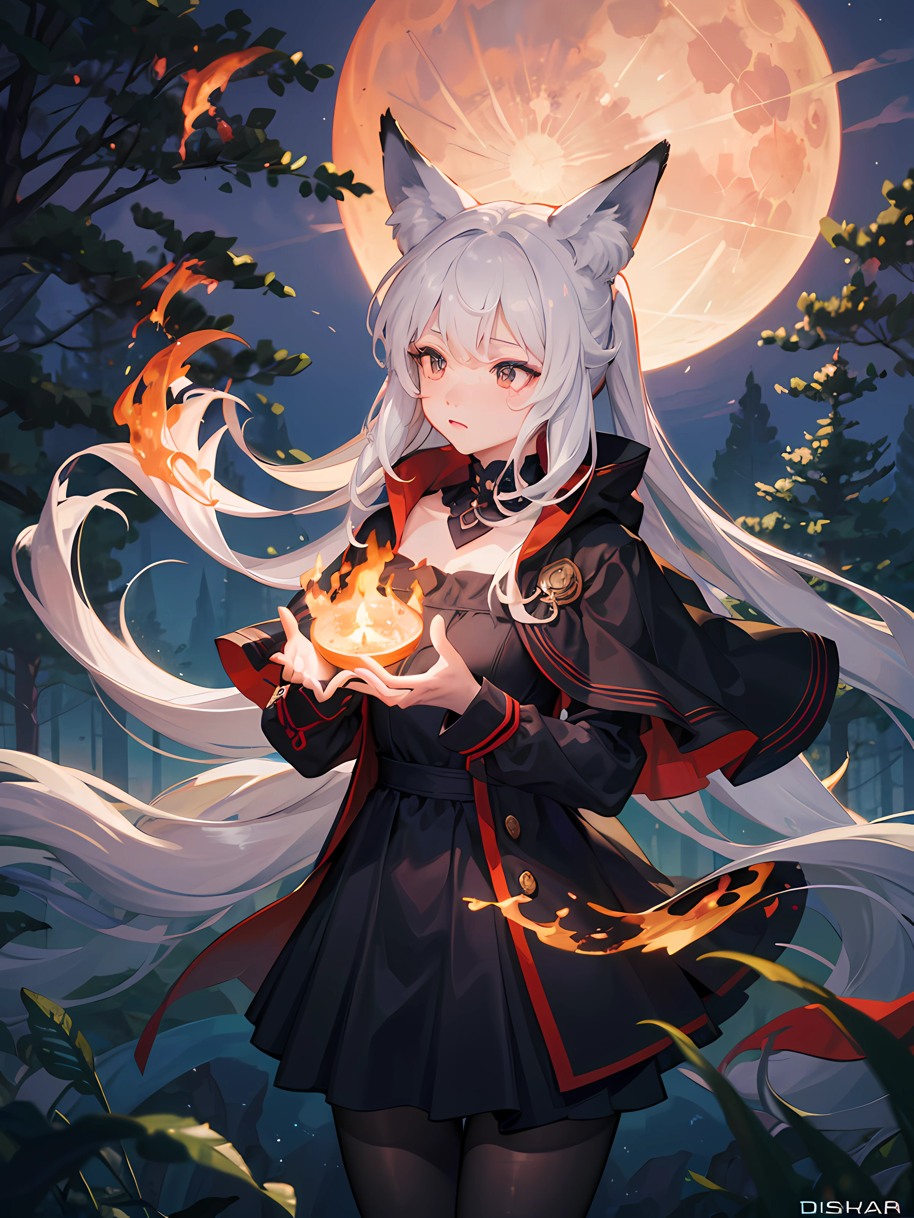 (Masterpiece:1.2, Best quality:1.2) , {Fox girl} , ((fox ear)) , Very long hair , pony tails , whaite hair , Medium breasts ,Black eyes ,((Masterpiece)), (((Best quality))), ((Ultra-detailed)), ((illustration)), ((Disheveled hair)) , parfect anatomy ,Black strapless dress, Cloak, Black pantyhose,eaba , Solo , one-girl , (at a forest) , magic , Fire on the hand , Night , Moon , Moon light , (Fighting posture) , Magical Circle , Hands on large fireballs , Fire cube on a circle ,