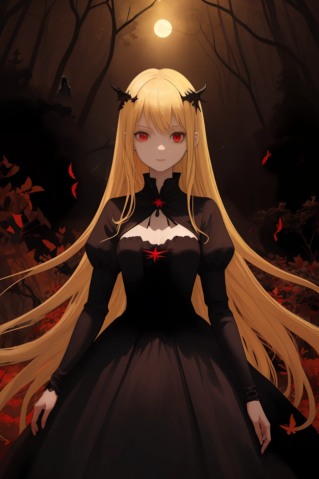 A  girl, Average height, Skinny, Medium-sized breasts. blonde hair, red-eyes, pretty eyes, Detail Eyes, ssmile. The girl is dressed in a black medieval dress in the European style. A girl stands in a dark forest, moonlight lighting, the night, Stars. The girl is surrounded by red butterflies. Magic, witchy. Detailed background, dinamic lighting, dynamicpose. Detailed outfit. without bangs.