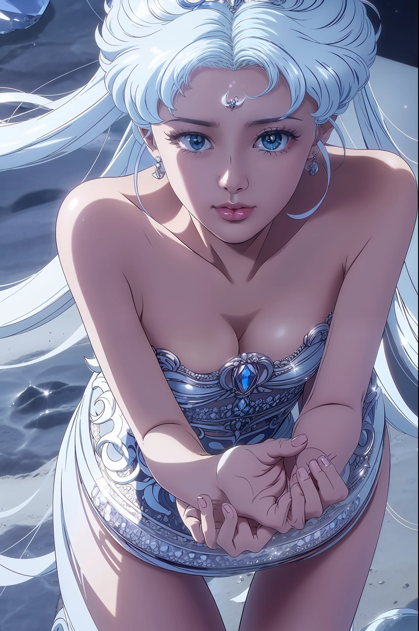 NSFW, ((beste-Qualit, 8K, tmasterpiece :1.3)), dramatic  lighting, pretty woman, 1 girl, Sailor Moon, Detailed large eyes, tmasterpiece, breath taking, Viewer, Full growth in the frame, Long white hair, Two bundles on the head, pale skin, Odango hairstyle, Careful, ah high, Real water, White transparent wet long dress, crystal clear water, The water is flowing, beautiful breasts, Sexual, sexy expression, glossy skin, A crystal palace is visible in the background, Palace of Crystals, Crystals and crystal in the air and around the character, Beautiful flowers, Crystals glow