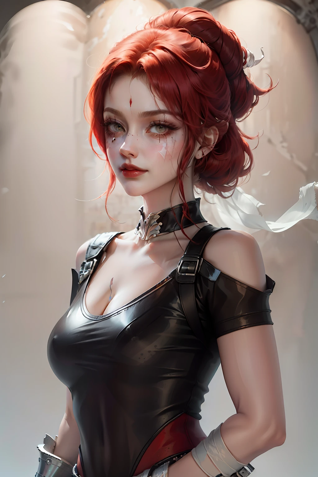 red haired pretty athletic battle worn woman, short and low ponytail, two heavy scars across right eye (starting from top of eye), white eyes, smug, cocky, black and red leather top, bandages around arms, medieval times, drop shadow, wide shot, high detail, anatomically correct, masterpiece, highres, high quality, high details, 8k, retina