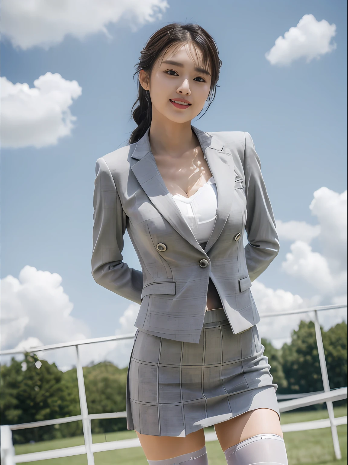 ((Best picture quality, 8K, tmasterpiece:1.3)),((1个Giant Breast Girl)),A small braid,Ultra-fine face,詳細な目,ssmile,Small chest,Slender abs,Legs are very thin and long,((white stockings,Gray suit suit,Black plaid JK skirt,White clouds, Clear sky)),