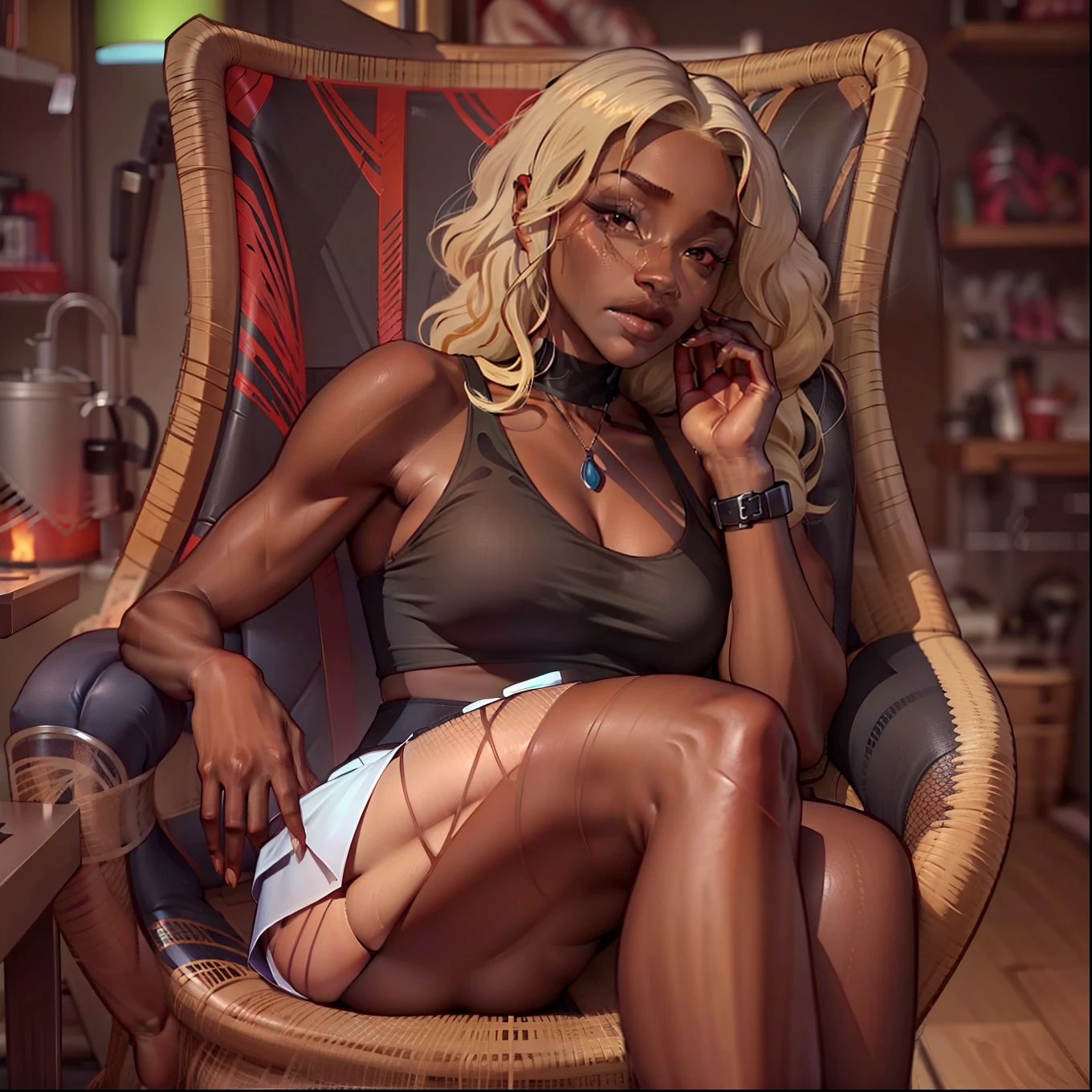 dark skinned female with long blonde hair, wearing fishnets, wearing mesh sleeveless top, relaxing on chair, wearing black mini skirt