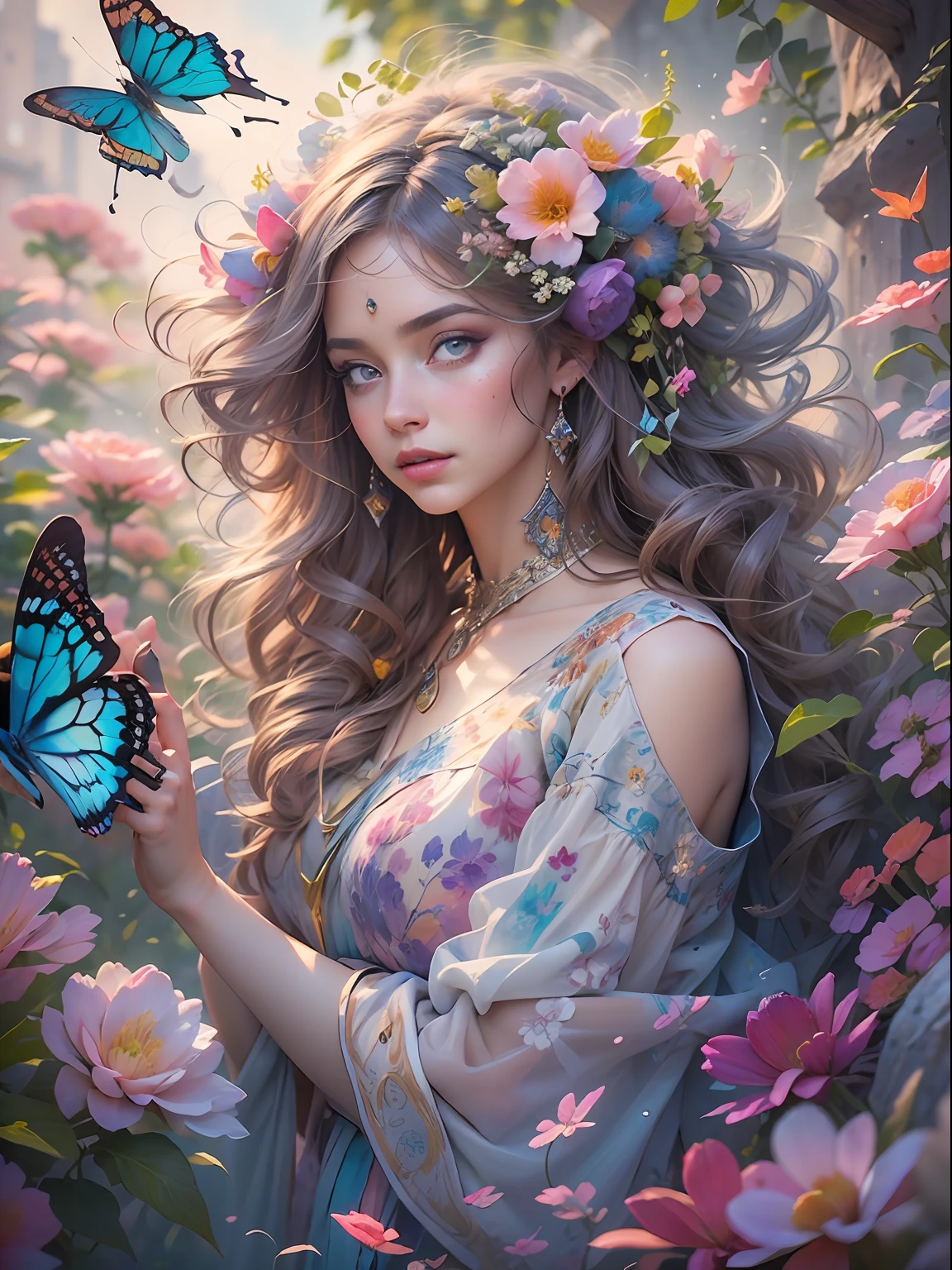 This artwork is dreamy and in the style of mythic fantasy, with soft watercolor hues in varying shades of pink, blue, and purple. Generate an ornate figure from Greek mythology and realistic skin and hair texture. Her strong, proud face has realistically shaded eyes and puffy lips, and a big mouth. Her soft, realistic hair is dancing in the breeze along with the flowers and detailed butterflies that surround her. Include highly detailed fantasy touches including a beautiful watercolor sky. Include 8k eyes, hires eyes, beautiful detail eyes, beautiful detailed eyes, and realistic eyes. Include fantasy details, enhanced details, iridescence, and colorful glitter. Pay special attention to her face and make sure it is beautifully and realistically detailed. 8k, intricate, elegant, highly detailed, majestic, digital photography, art by artgerm and ruan jia and greg rutkowski, (((masterpiece, finely detailed beautiful eyes: 1.2))), hdr, ((realistic skin texture)), rays of light, ornate flowers, dew drops, sunlight, hazy rays of sun, flowergateway style, castle, palace, archway, flowers, growing