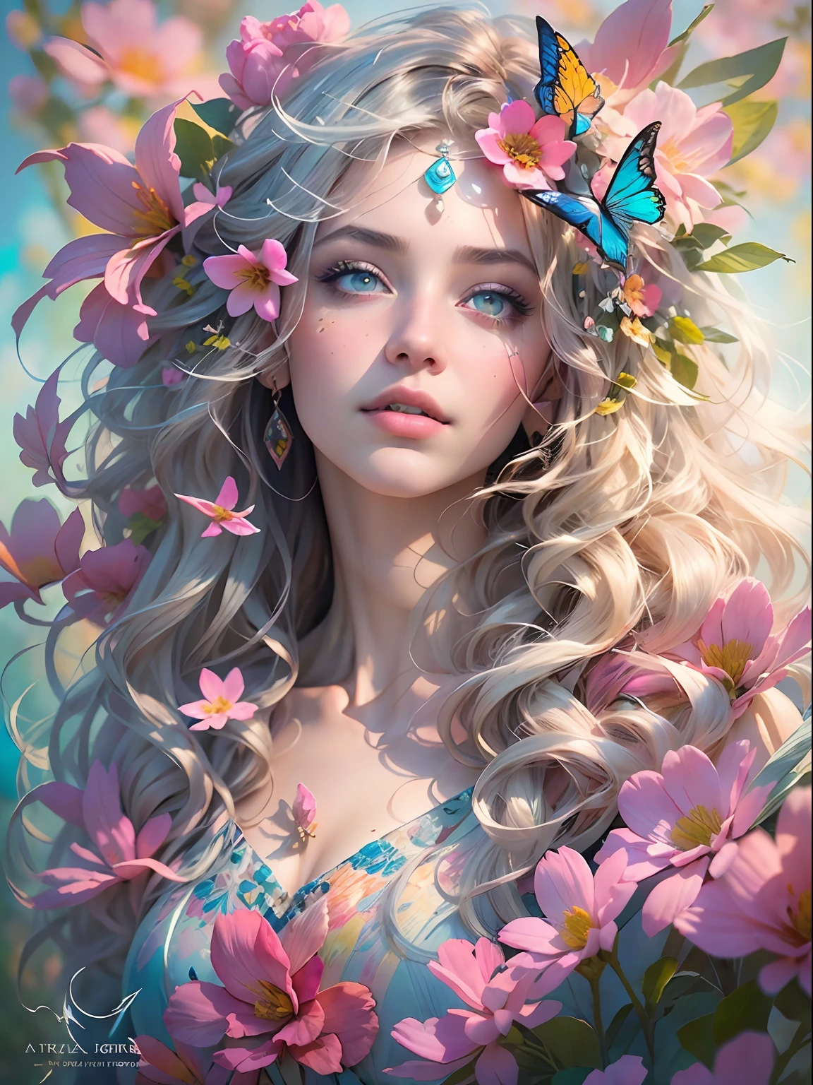 This artwork is dreamy and in the style of mythic fantasy, with soft watercolor hues in varying shades of pink, blue, and purple. Generate an ornate figure from Greek mythology and realistic skin and hair texture. Her strong, proud face has realistically shaded eyes and puffy lips, and a big mouth. Her soft, realistic hair is dancing in the breeze along with the flowers and detailed butterflies that surround her. Include highly detailed fantasy touches including a beautiful watercolor sky. Include 8k eyes, hires eyes, beautiful detail eyes, beautiful detailed eyes, and realistic eyes. Include fantasy details, enhanced details, iridescence, and colorful glitter. Pay special attention to her face and make sure it is beautifully and realistically detailed. 8k, intricate, elegant, highly detailed, majestic, digital photography, art by artgerm and ruan jia and greg rutkowski, (((masterpiece, finely detailed beautiful eyes: 1.2))), hdr, ((realistic skin texture)), rays of light, ornate flowers, dew drops, sunlight, hazy rays of sun, flowergateway style, castle, palace, archway, flowers, growing