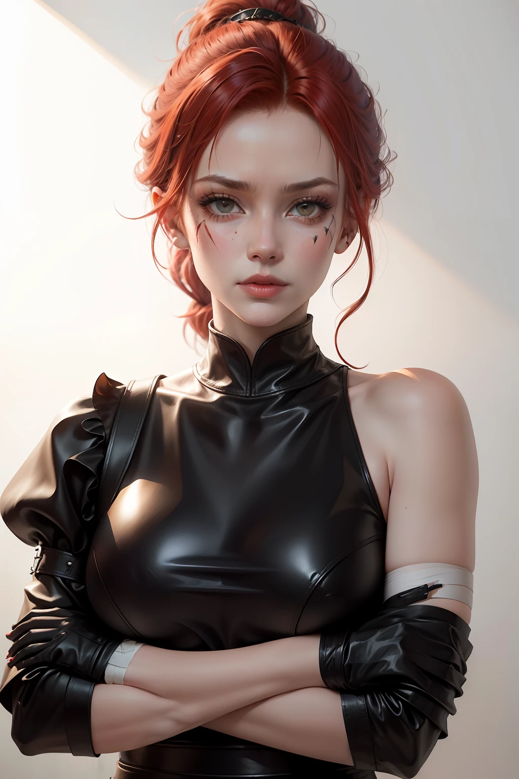 red haired, battle worn pretty woman, short and low ponytail, two heavy scars across right eye (starting from top of eye), white eyes, smug, cocky, black and red leather top, bandages around arms, medieval times, drop shadow, wide shot, high detail, anatomically correct, masterpiece, highres, high quality, high details, 8k, retina