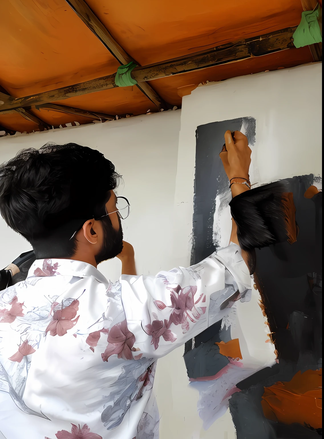 (Highest quality:1.3), cinematic shot, masterpiece, (sharp focus:1.5), (photorealistic:1.3), a man using a brush to paint a wall, paiting, traditional art (highly detailed skin),