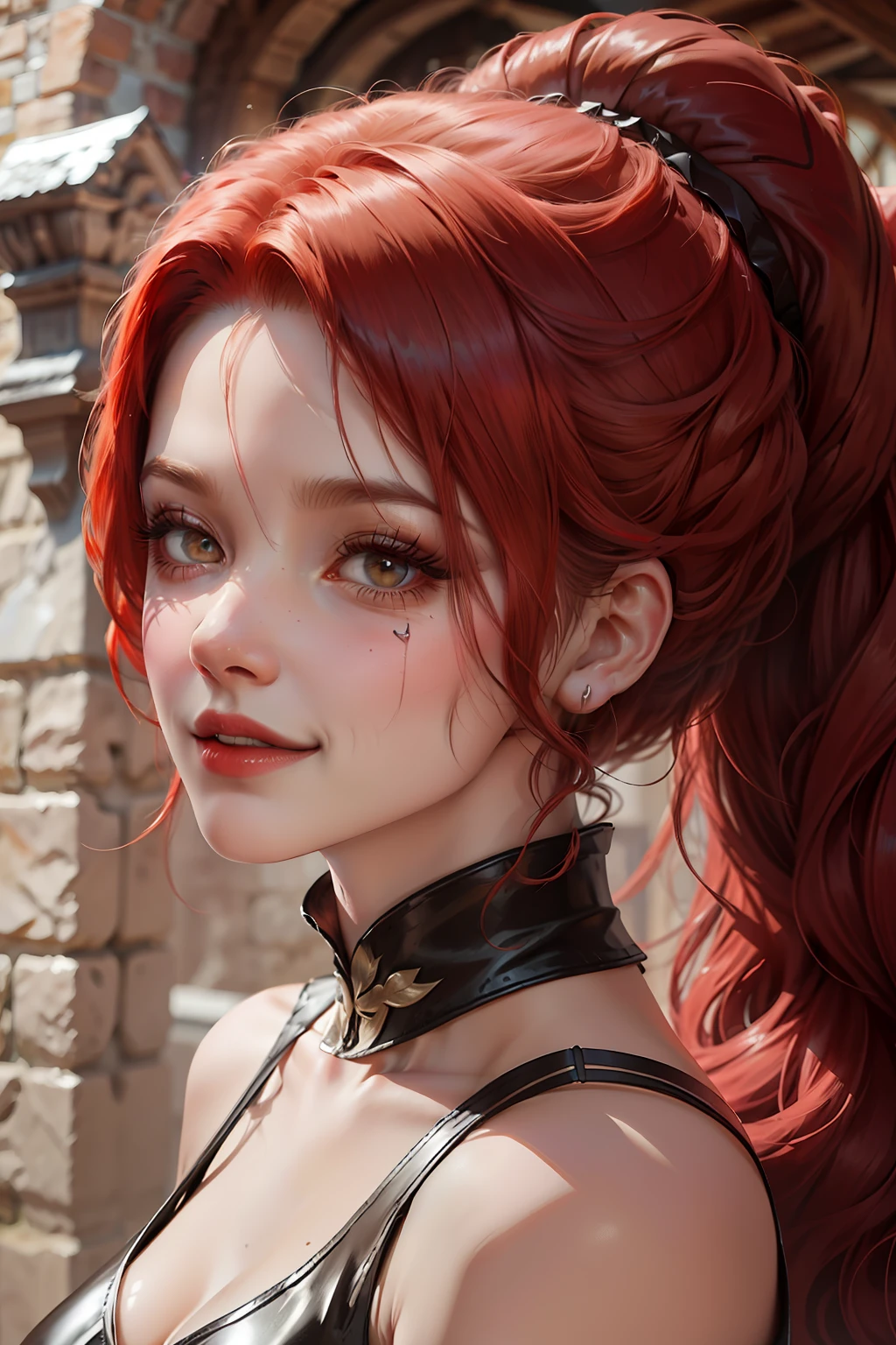 red haired pretty  woman, assassin, mercenary, evil laugh, short and low ponytail, two heavy scars across right eye (starting from top of eye), white eyes, smug, cocky, black and red leather top, portrait, medieval times, drop shadow, wide shot, high detail, anatomically correct, masterpiece, highres, high quality, high details, 8k, retina,
