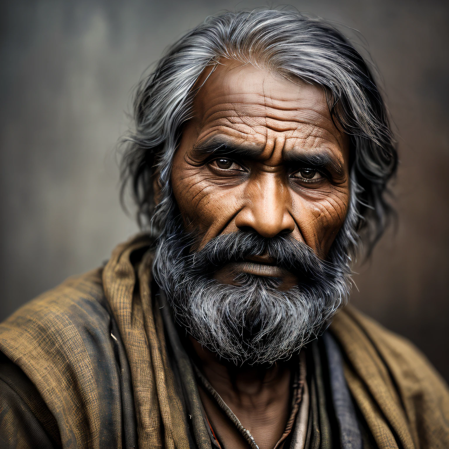 A portrait of a poor Indian 1800 old worker,ragged attire,(Overwhelming fatigue)),age wrinkles,concept-art,Oil painting,Moody gray,Tenacity style style Alexei Savlasov,Ivan Shishkin,Ilya Repin,(Card retouching:1.2),2d,(oil painted:1.2)highly detailed