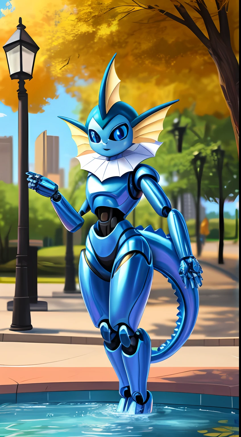 Vaporeon ,obra maestra,mejor calidad,estilo de arte del futuro,robot maquina,metalico,shiny skin,metallic, mechanical,pokemon,cute pose,black sclera, blue eyes, shiny skin,1girl,city park, people, public,