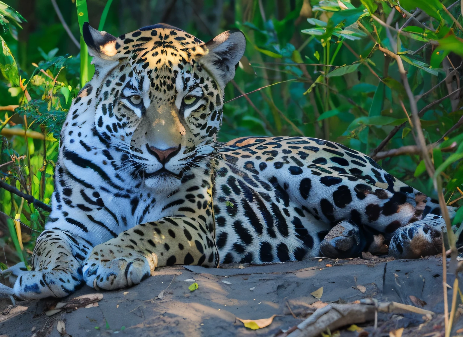 Araffe deitado em uma rocha no meio da floresta, Jaguar, feroz - olhando, the smooth black jaguar, amazonian, olhar orgulhoso, Olhar peruano, amazing beauty, peaceful expression, pose majestosa, olhar agressivo, pose marcante, fierce expression 4k, fazendo uma pose, fierce expression, serious look, olhar curioso, looking menacing, looking threatening