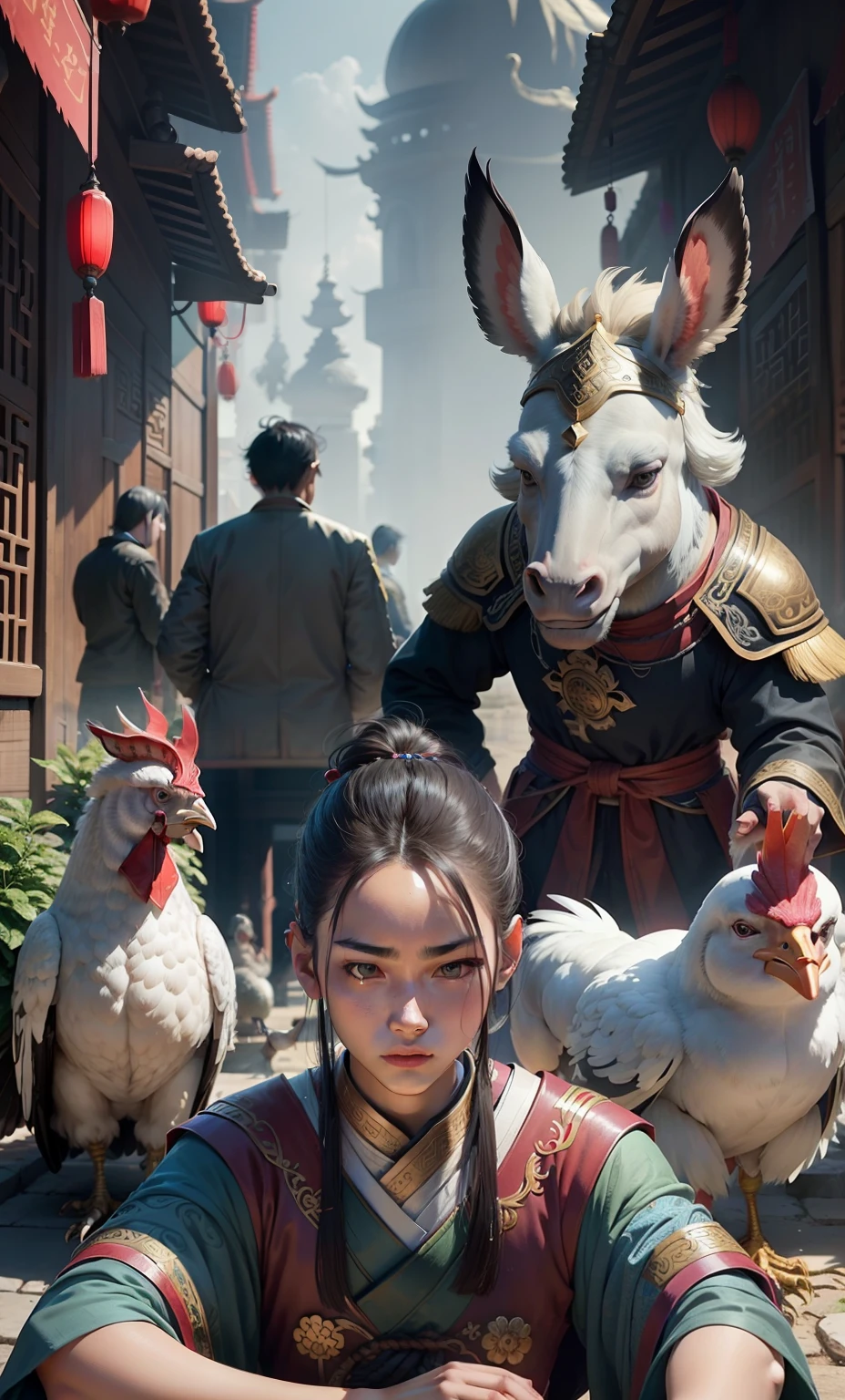 Beautiful agers in ancient China were bullied by ugly chickens and donkeys,The beautiful boy is just right,Standing tall,Ugly chicken-headed woman,The head is a man with a donkey's head,It's ugly,It looks very dark