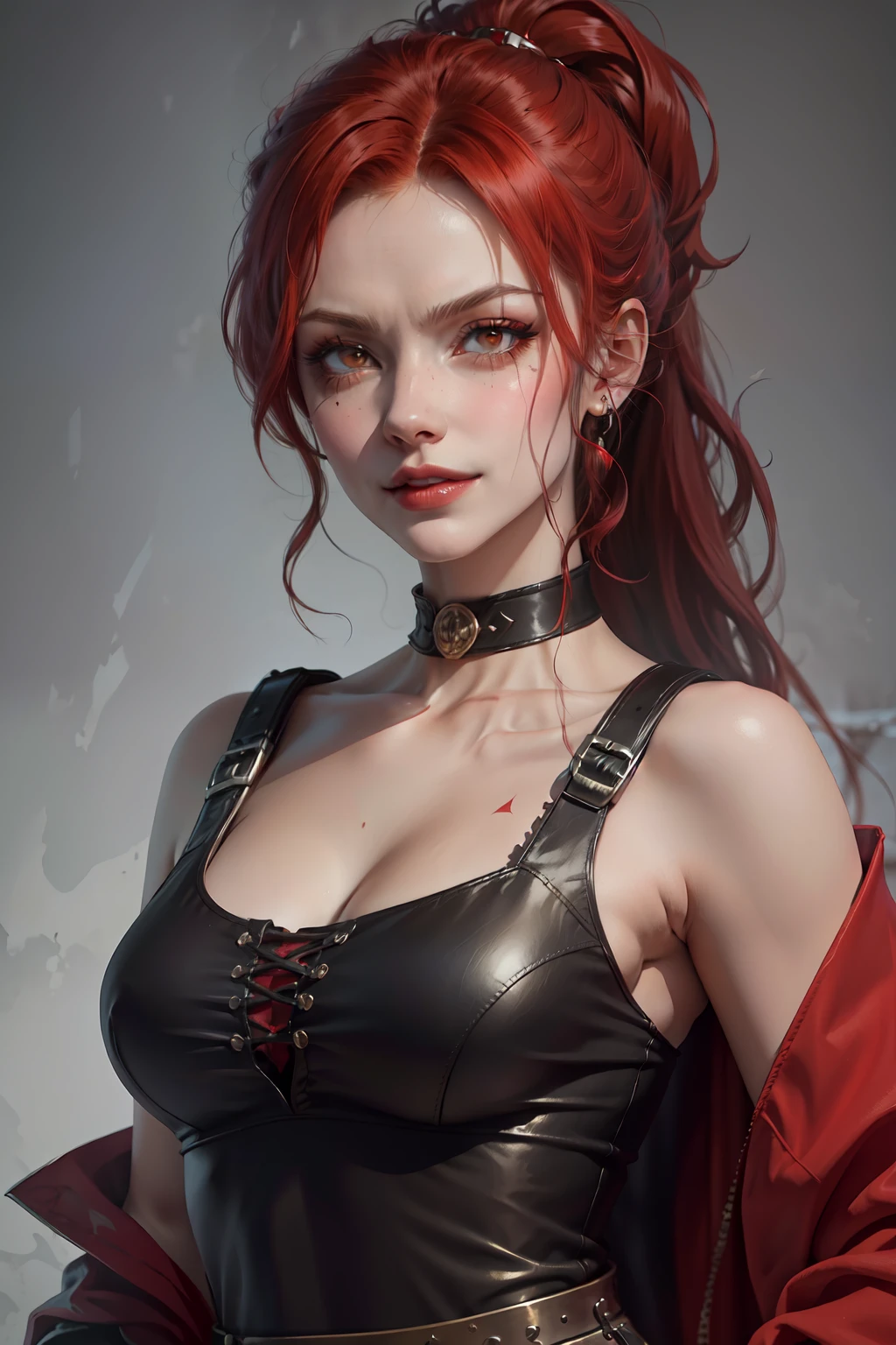 red haired pretty  woman, gun assassin, mercenary, evil laugh, evil, psycho, short and low ponytail, two heavy scars across right eye (starting from top of eye), white eyes, smug, cocky, black and red cloth top, portrait, medieval times, drop shadow, wide shot, high detail, anatomically correct, masterpiece, highres, high quality, high details, 8k, retina,