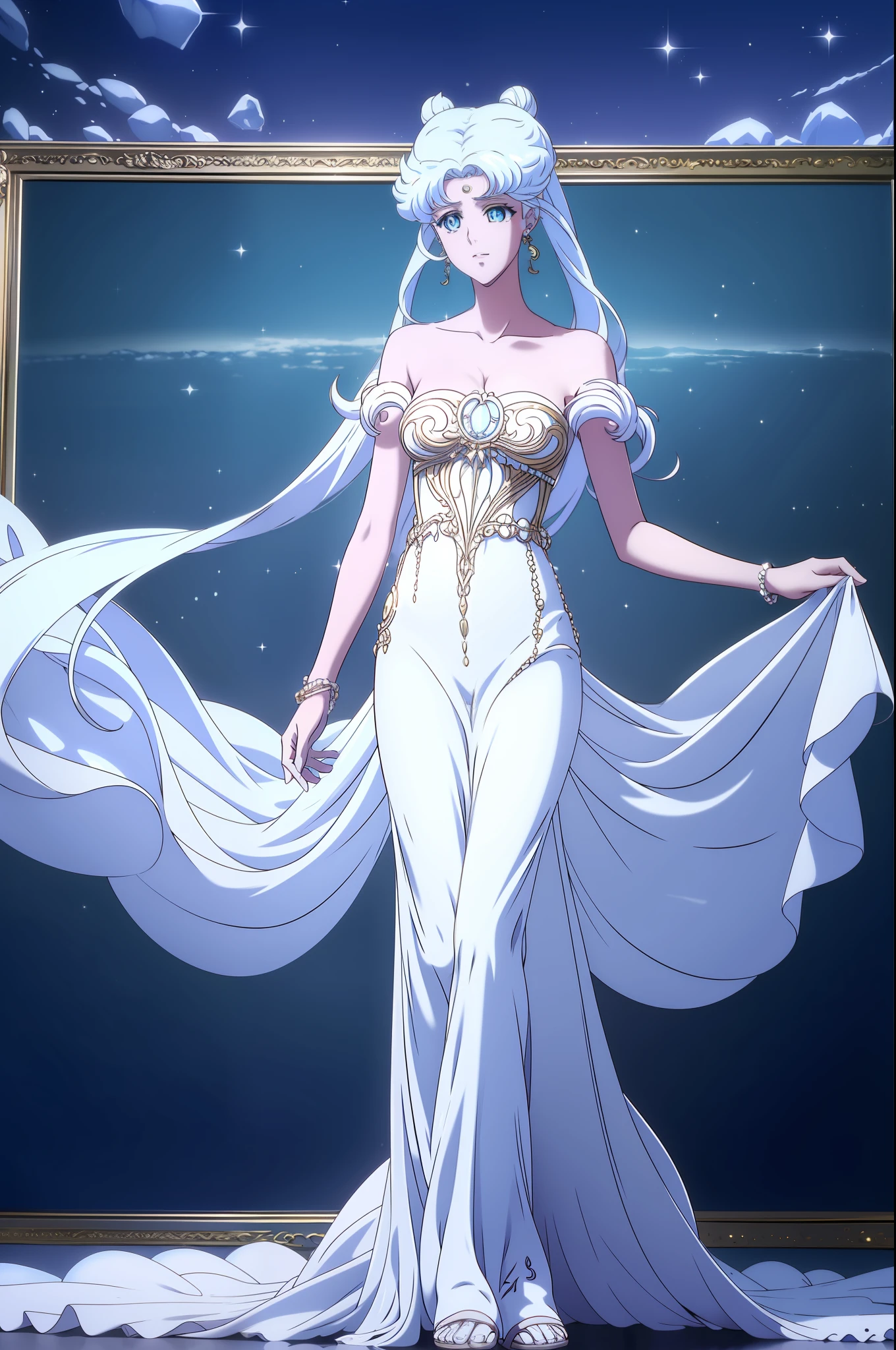 NSFW, ((beste-Qualit, 8K, tmasterpiece :1.3)), dramatic lighting, pretty woman, 1 girl, Sailor Moon, Detailed large eyes, tmasterpiece, breath taking, Viewer, Full growth in the frame, Long white hair, Two bundles on the head, pale skin, Odango hairstyle, Careful, ah high, Real water, White transparent wet long dress, crystal clear water, The water is flowing, beautiful breasts, Sexual, sexy expression, glossy skin, A crystal palace is visible in the background, Palace of Crystals, Crystals and crystal in the air and around the character, Beautiful flowers, Crystals glow