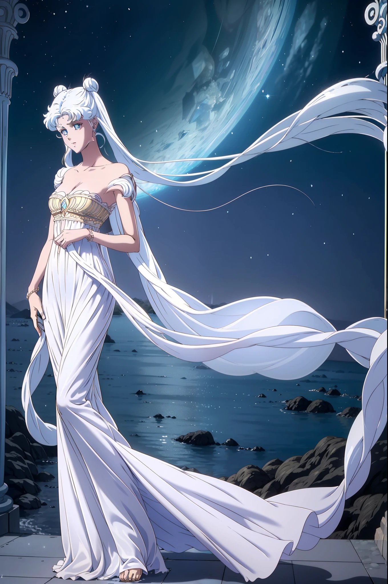 NSFW, ((beste-Qualit, 8K, tmasterpiece :1.3)), dramatic  lighting, pretty woman, 1 girl, Sailor Moon, Detailed large eyes, tmasterpiece, breath taking, Viewer, Full growth in the frame, Long white hair, Two bundles on the head, pale skin, Odango hairstyle, Careful, ah high, Real water, White transparent wet long dress, crystal clear water, The water is flowing, beautiful breasts, Sexual, sexy expression, glossy skin, A crystal palace is visible in the background, Palace of Crystals, Crystals and crystal in the air and around the character, Beautiful flowers, Crystals glow