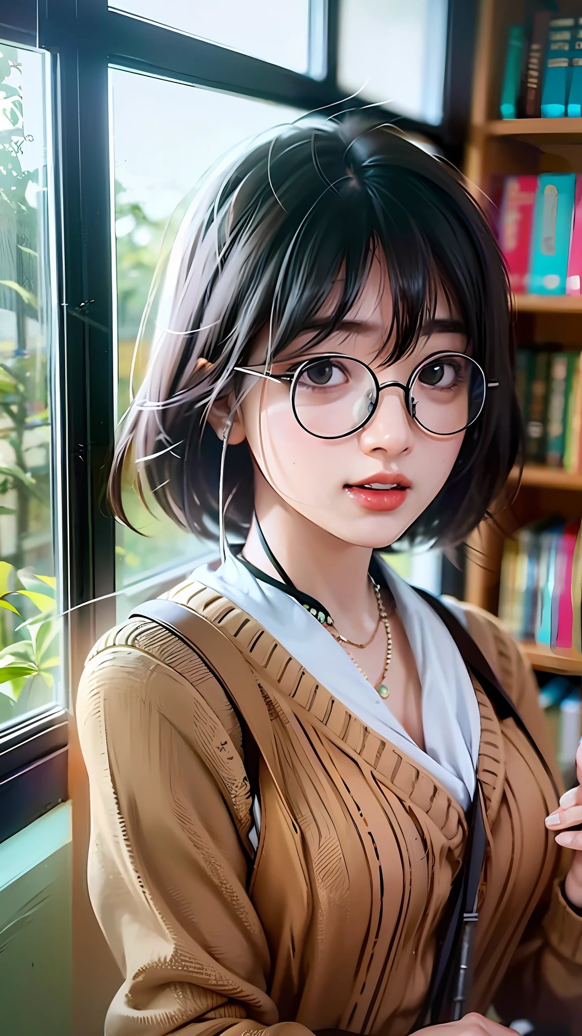(character details + style) female teacher, (details) half-body, holding glasses frames, (lens effect + lighting + scene) light and shadow interlaced, by the window, the sun is warm, flowers are green, bookshelves are dazzling, students' desks are scattered with teaching stationery and textbooks, and the classroom air is fresh.