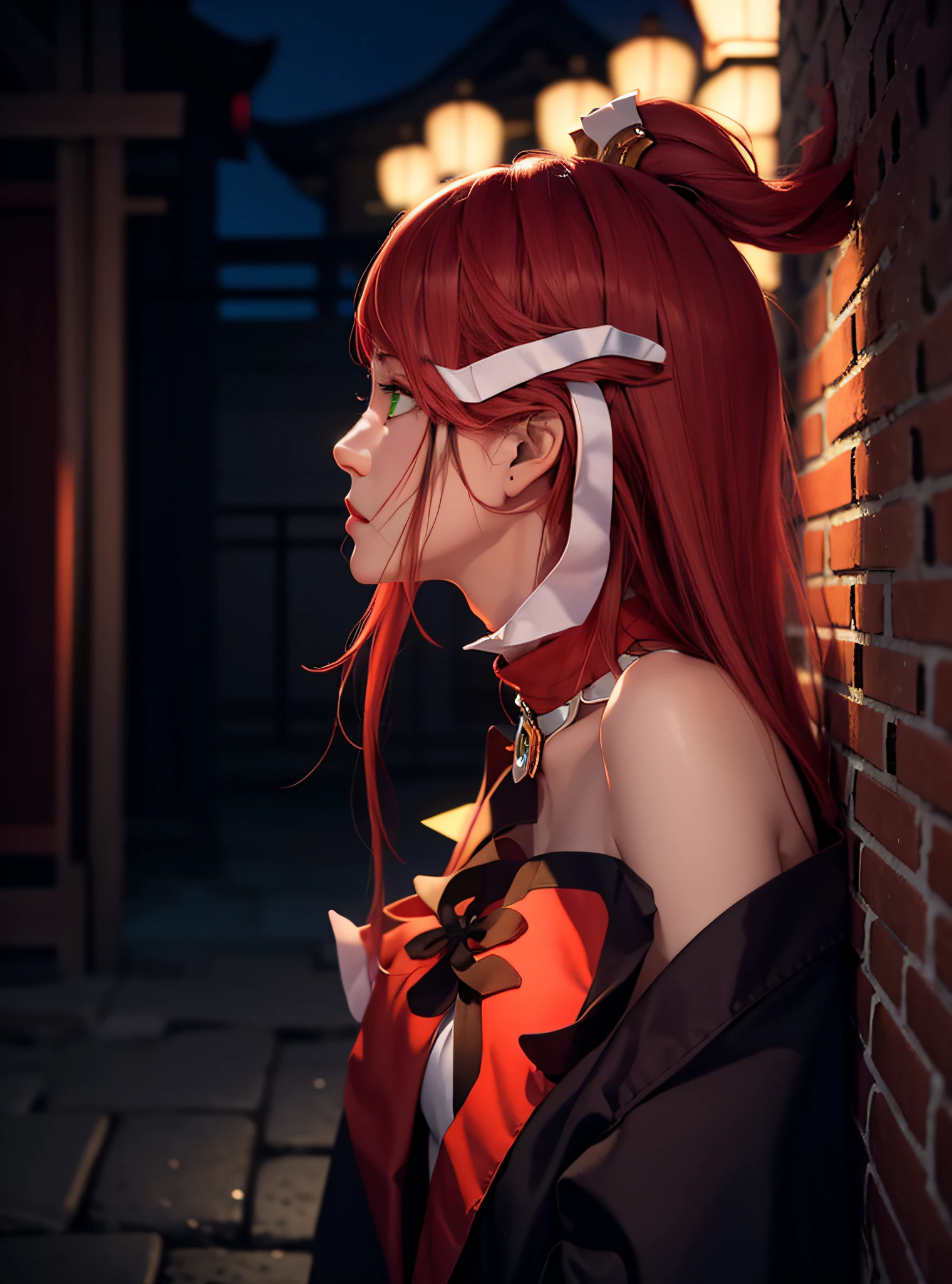 "(tmasterpiece,Need,1girll,byself,The details are complex,plethora of colors),photorealestic,Nature,cropped shoulders,Raised sexy,Red long-haired,red headgear,Green eyes,耳Nipple Ring,sharp look,Perfectly symmetrical figure,Choker necklace,Neon shirt,Open jacket,high-necksweater,against a wall,brick walls,scribbles,Dim light,alley,Gaze at the audience,Mean and charming,sakurabackground,Japanese temple background,Night light background。"