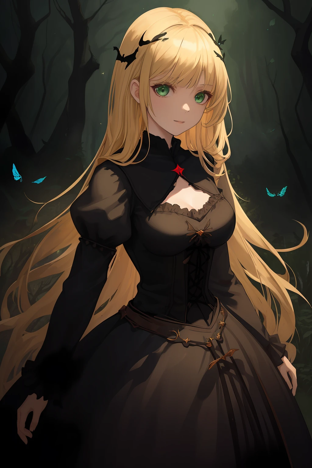 A  girl, Average height, Skinny, Medium-sized breasts. blonde hair, Green eyes, pretty eyes, Detail Eyes, ssmile. The girl is dressed in a black medieval dress in the European style. A girl stands in a dark forest, moonlight lighting, the night, Stars. The girl is surrounded by red butterflies. Magic, witchy. Detailed background, dinamic lighting, dynamicpose. Detailed outfit.