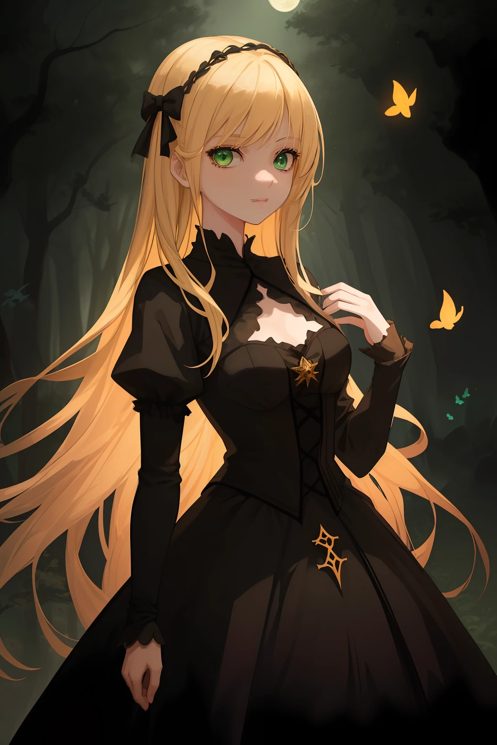 A girl, Average height, Skinny, Medium-sized breasts. blonde hair, Green eyes, pretty eyes, Detail Eyes, ssmile. The girl is dressed in a black medieval dress in the European style. A girl stands in a dark forest, moonlight lighting, the night, Stars. The girl is surrounded by red butterflies. Magic, witchy. Detailed background, dinamic lighting, dynamicpose. Detailed outfit.