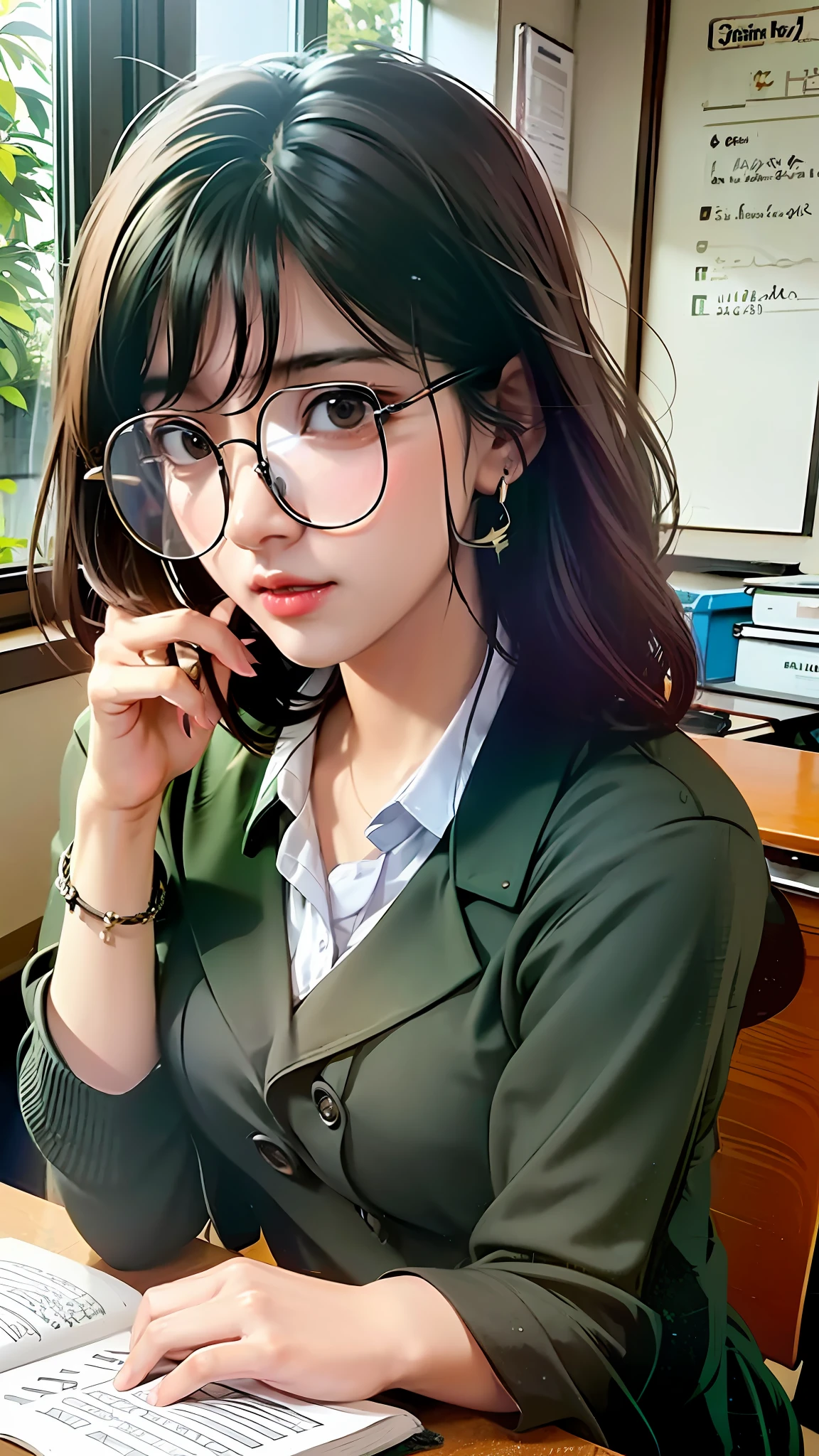 (character details + style) female teacher, (details) half-body, holding glasses frames, (lens effect + lighting + scene) light and shadow interlaced, by the window, the sun is warm, flowers are green, bookshelves are dazzling, students' desks are scattered with teaching stationery and textbooks, and the classroom air is fresh.