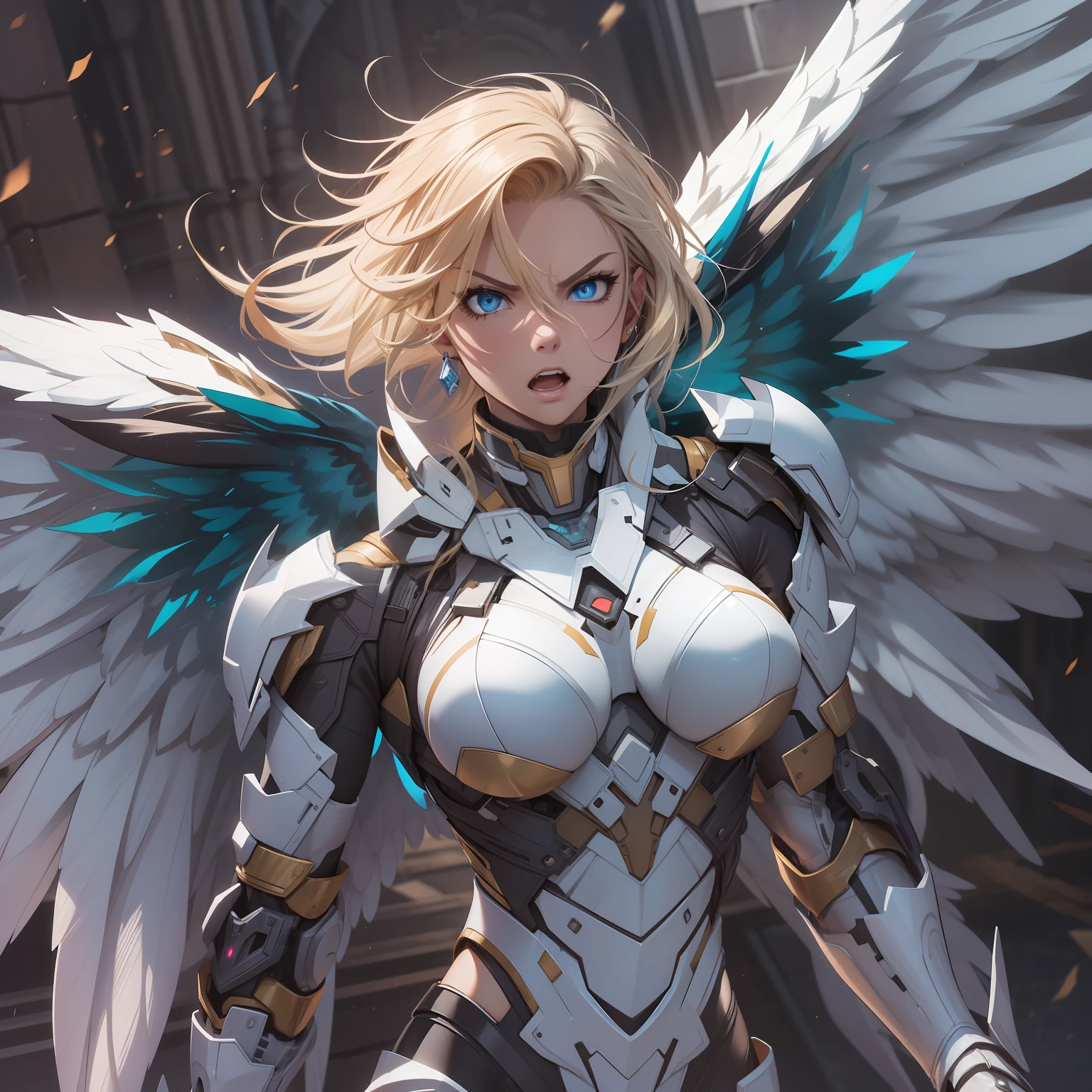(highres, best quality, masterpiece) adult female, solo, bold colors 4K, dramatic lighting, action scene, blonde hair, hair parted, hair between eyes, blue eyes, (detailed eyed), looking fierce, serious expression, angry expression, smooth skin, fully body, physically fit body, mechanical armor, (high-tec armor), angelic wings, white wings, hovering in the air, gliding in the air, making a fist, looking to strike