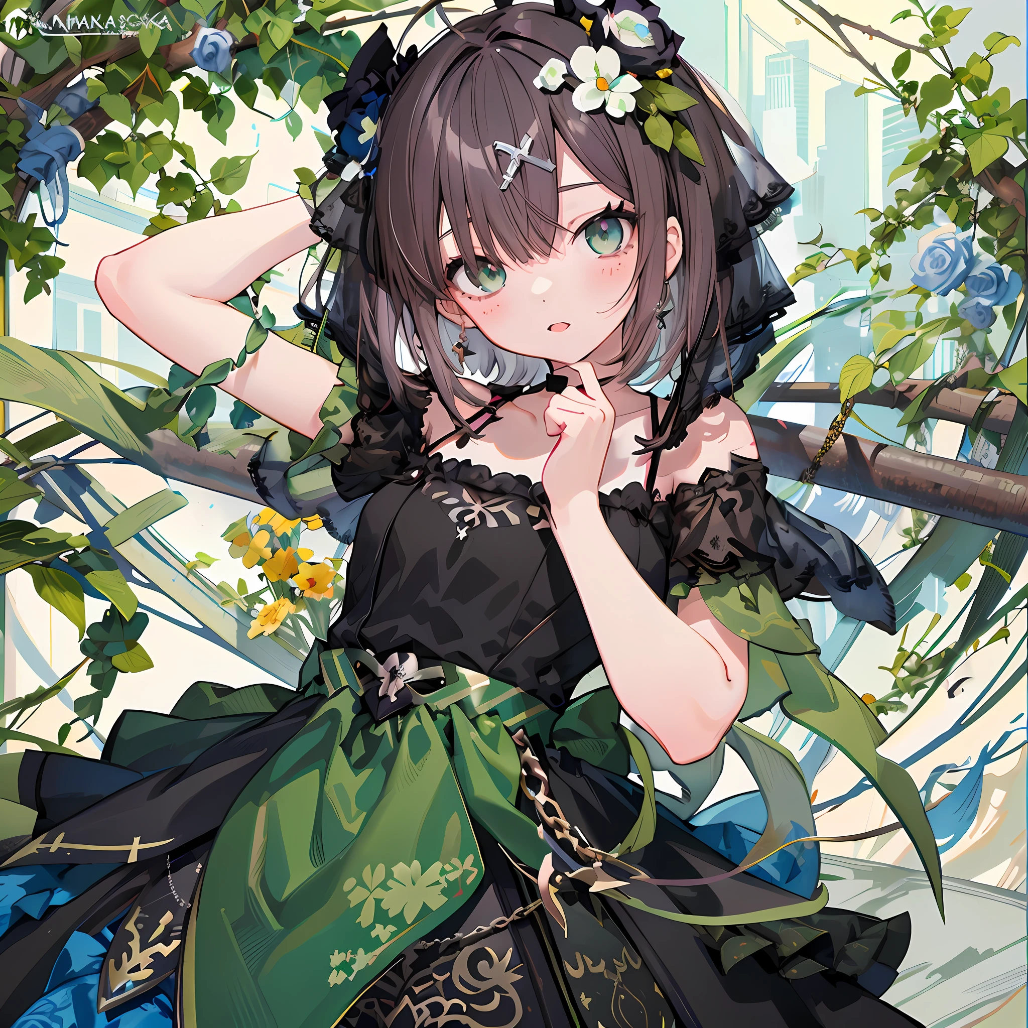 Anime girl wearing black dress,Green dress and flower crown, Kawasi, Official artwork, shadowverse style, high detailed official artwork, Also, offcial art, Official anime artwork, Detailed key anime art, From Arknights, in dress, Anime moe art style, Fine details. Girl front, Guweiz in Pixiv ArtStation