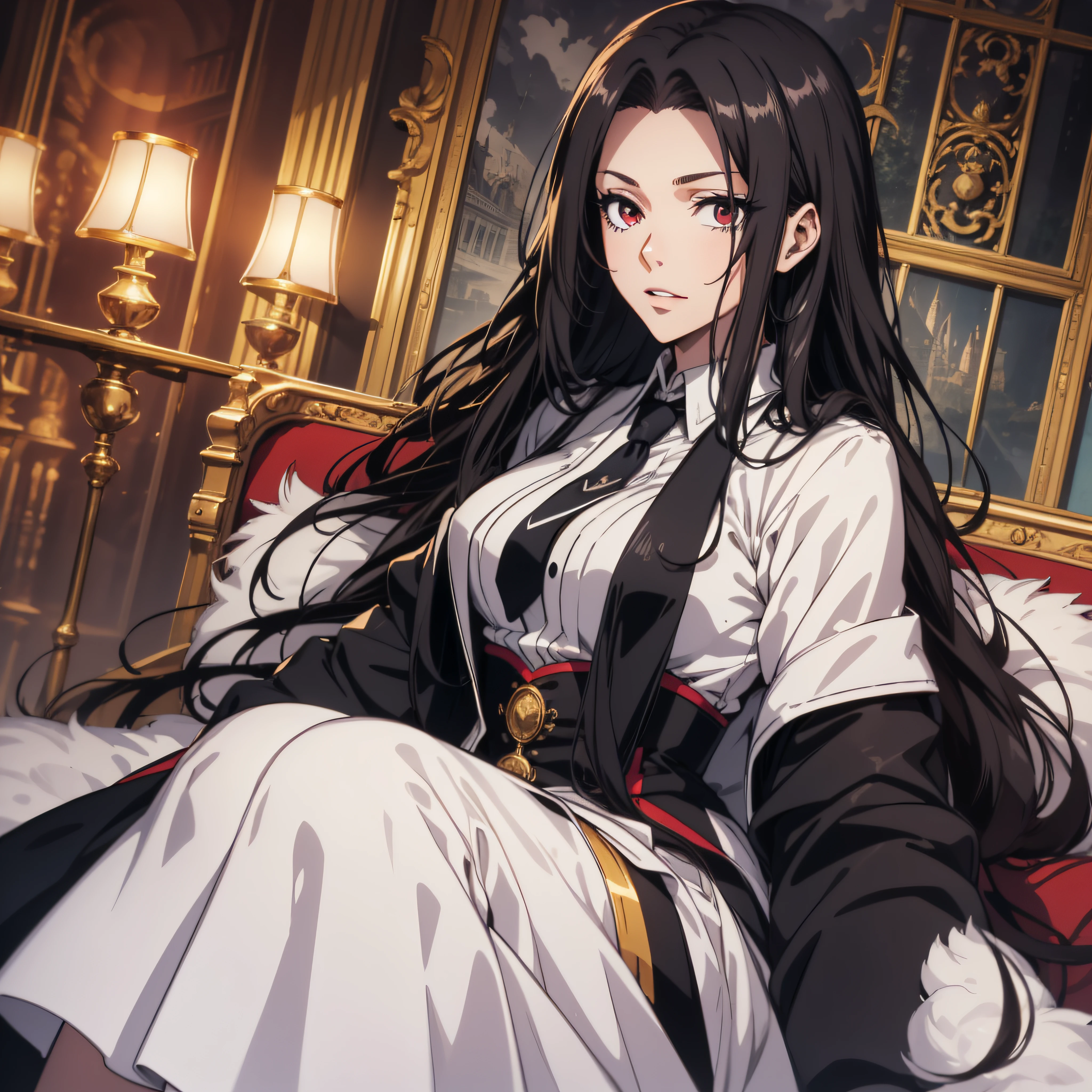 (ultra-detailed, perfect pixel, highres, best quality), 20 years old Anime girl, smooth anime artstyle, long raven hair, slightly wavy hair, parted bangs, black hair, gradient hair color, Magus, red eyes, detailed eyes, beautiful eyes, natural lips, long black coat, white shirt, necktie, black skirt, aristocrat, noble attire, beautiful, ethereal, elegant, prestigious, royal building, royal atmosphere, classic, looking at viewer