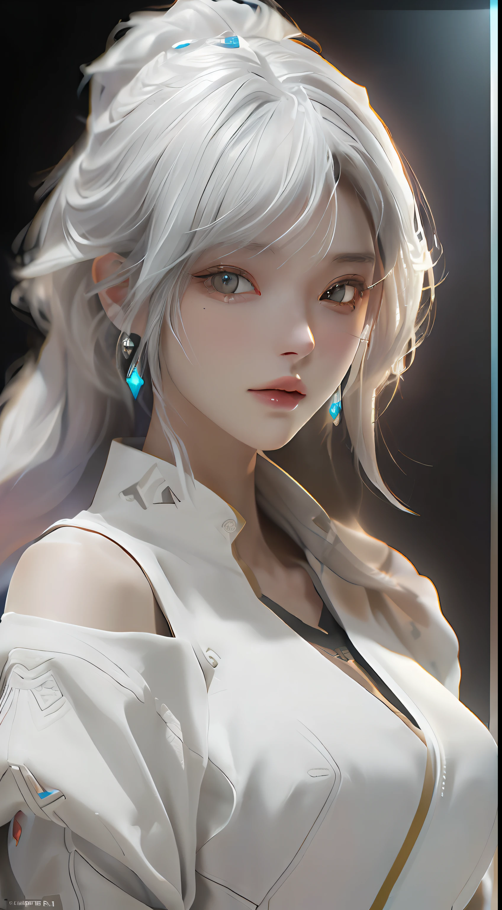(Best Quality), ((Masterpiece), (Detail: 1.4), 3D, A Beautiful Cyberpunk Woman, HDR (High Dynamic Range), Ray Tracing, NVIDIA RTX, Super-Resolution, Unreal 5, Subsurface Scattering, PBR Textures, Post-Processing, Anisotropic Filtering, Depth of Field, Maximum Sharpness and Clarity, Multi-layer Textures, Albedo and Highlight Maps, Surface Shading, Precise simulation of light-material interactions, perfect proportions, Octane Render, two-color light, large aperture, low ISO, white balance, rule of thirds, 8K RAW, white hair