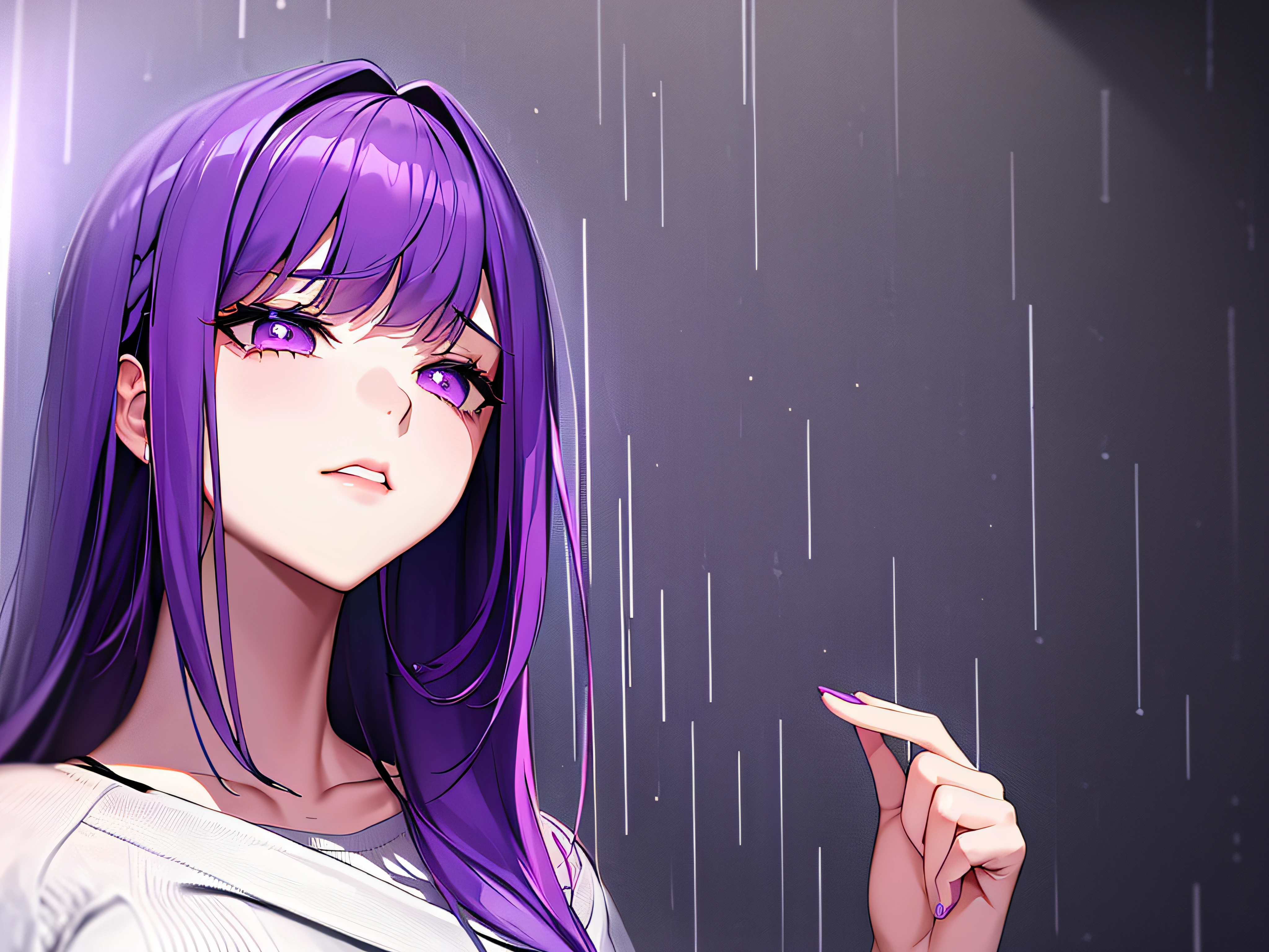 sad girl with purple hair in raining day