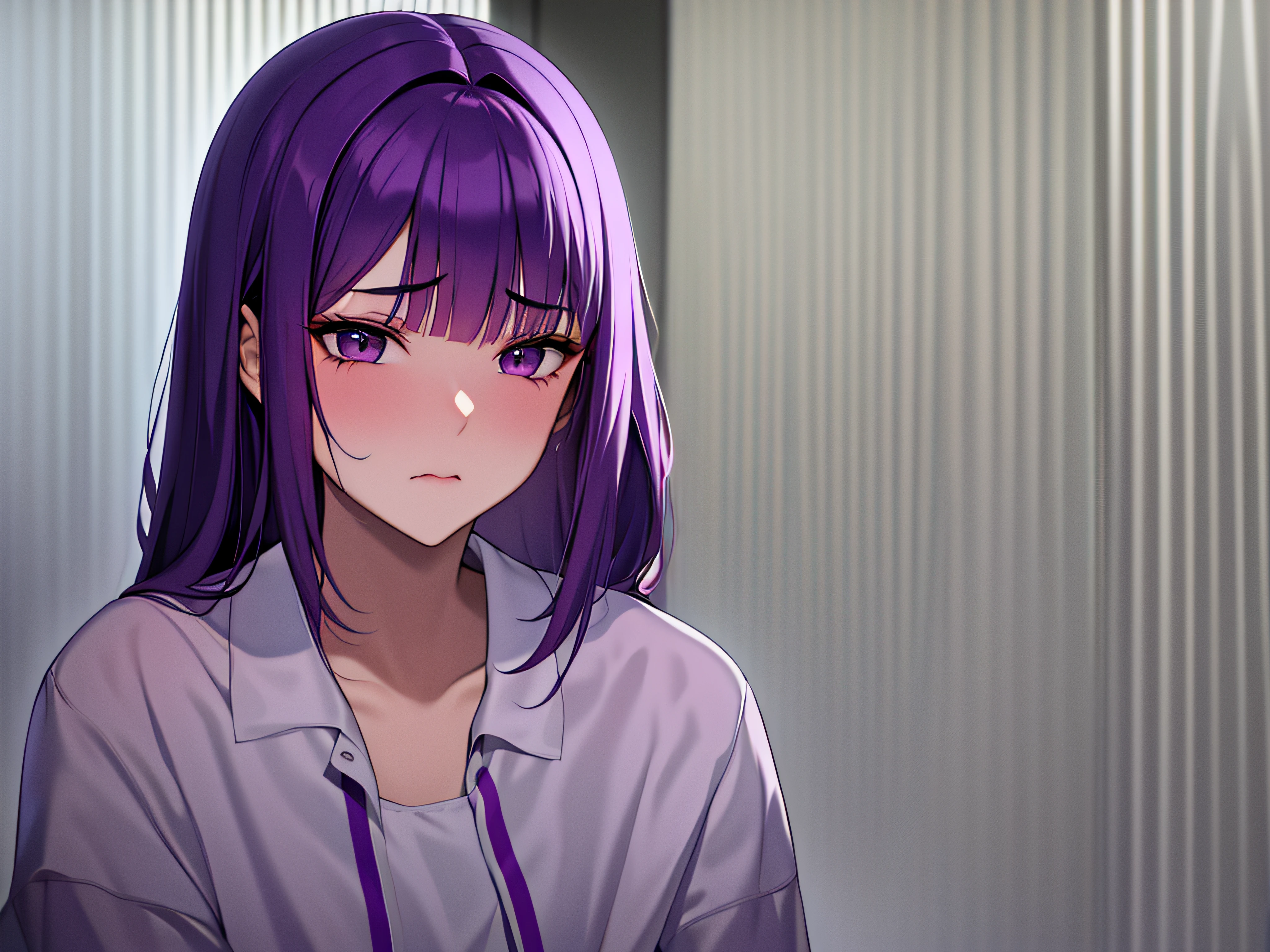 sad girl with purple hair, face mask on face, in raining day