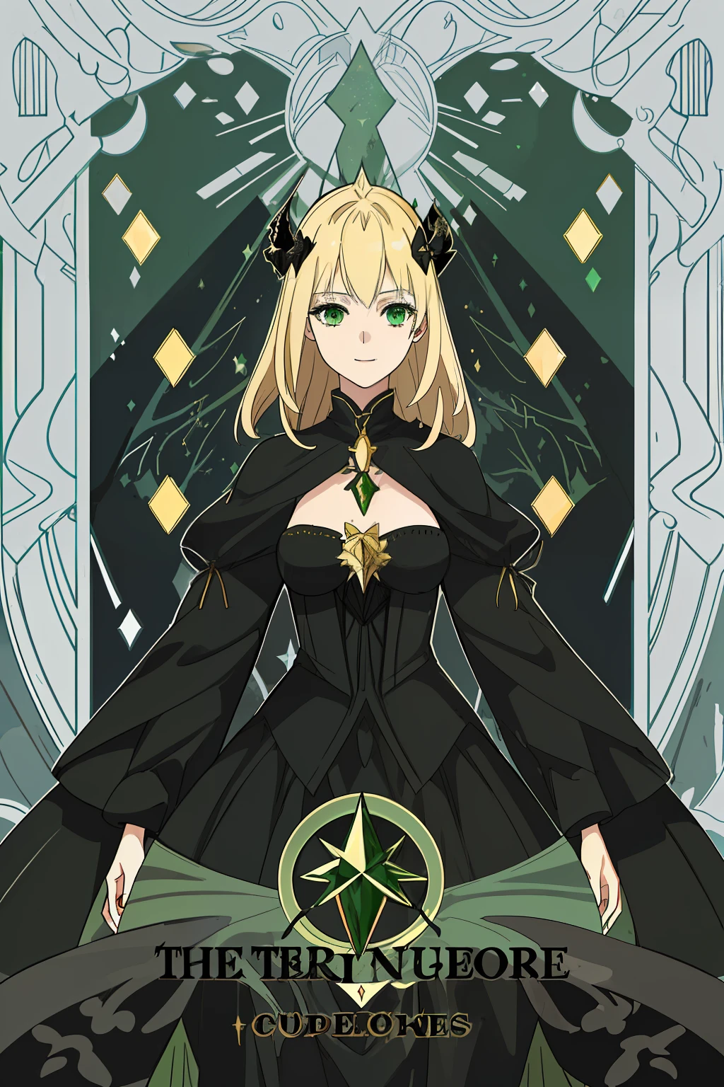 A girl, Average height, Skinny, Medium-sized breasts. blonde hair, Green eyes, pretty eyes, Detail Eyes, ssmile. The girl is dressed in a black medieval dress in the European style. A girl stands in a dark forest, moonlight lighting, the night, Stars. The girl is surrounded by red butterflies. Magic, witchy. Detailed background, dinamic lighting, dynamicpose. Detailed outfit.