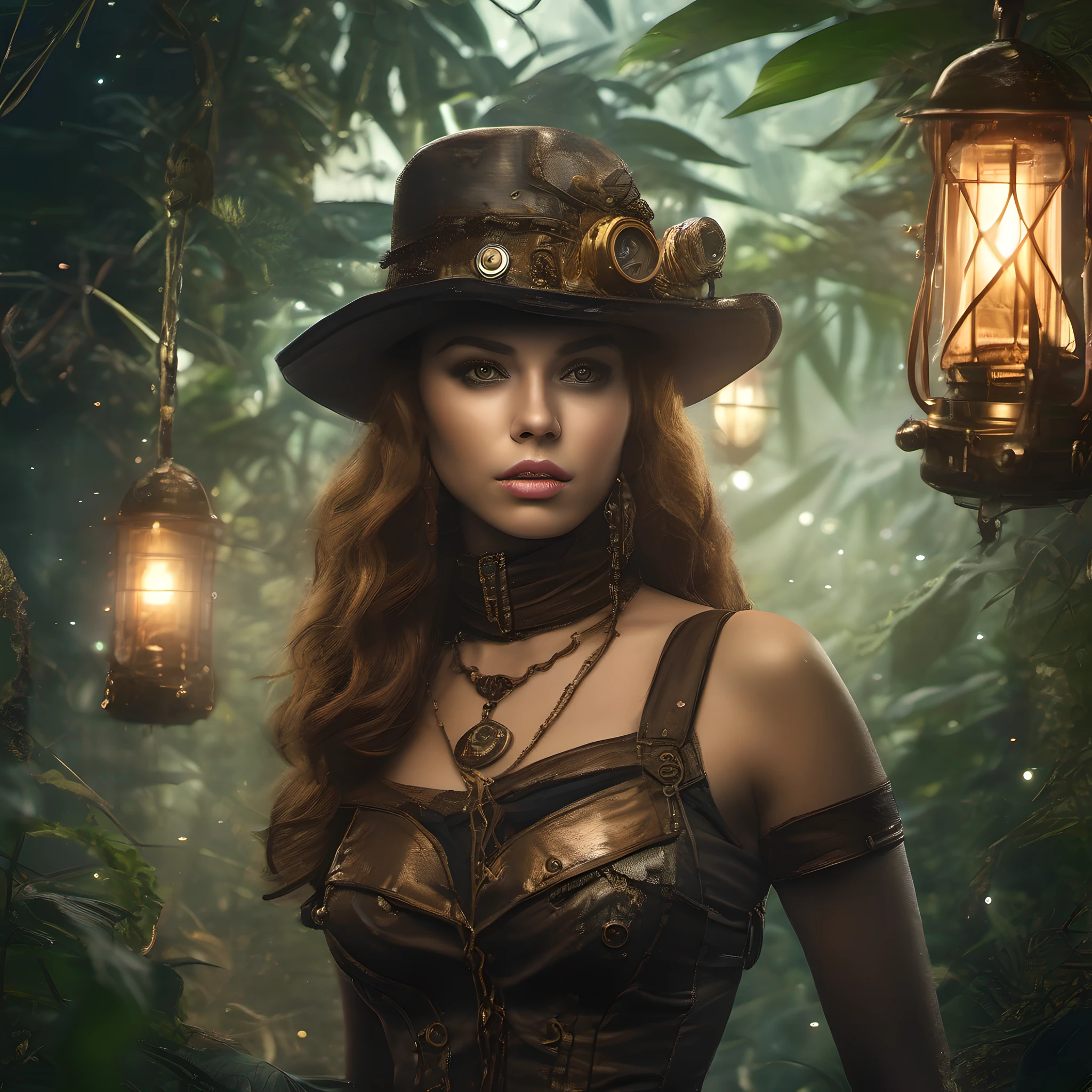 Masterpiece, Young beautiful woman as steampunk warrior, walking through the jungle
At night among fireflies, (high detail:1 1), rough face, natural skin, hiquality,
Beautiful eyes, (Detailed face and eyes), (s face: 1 2), tumult, extra, real-photo,
.PSD, lamp film photography, sharp-focus, contrast lighting, detailed skin,
high resolution 8k, Crazy detailing, Realistic, Professional photography,
8K UHD, SLR camera, soft-lighting, hiquality, Film grain, Fujifilm XT3