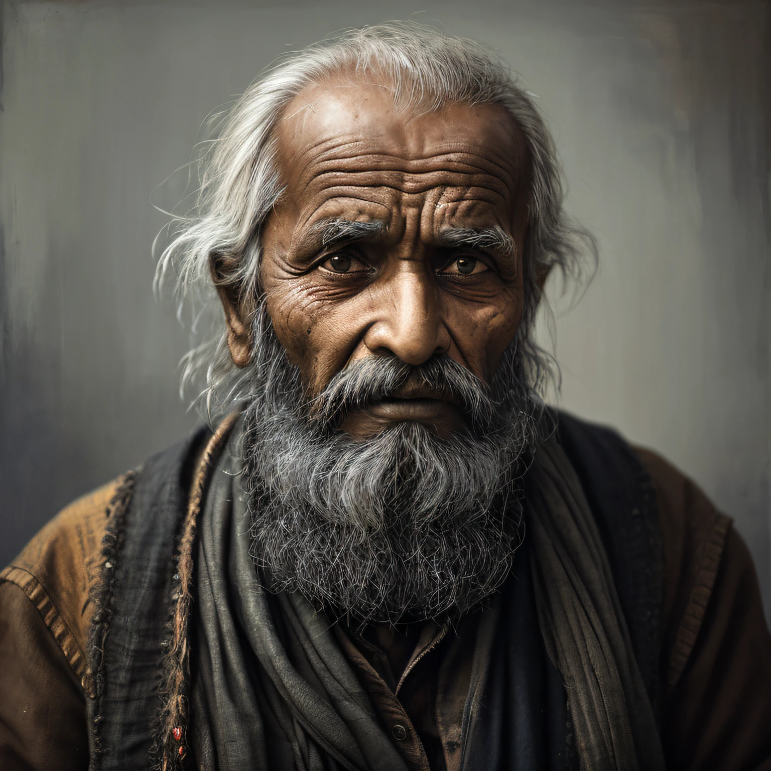 A portrait of a poor old man in India，ragged attire，（Overwhelming fatigue）），age wrinkles，concept-art，Oil painting，Moody gray，Tenacity style style Alexei Savlasov，Ivan Shishkin，Ilya Repin，（Card retouching：1.2），2d，（oil painted：1.2）highly  detailed