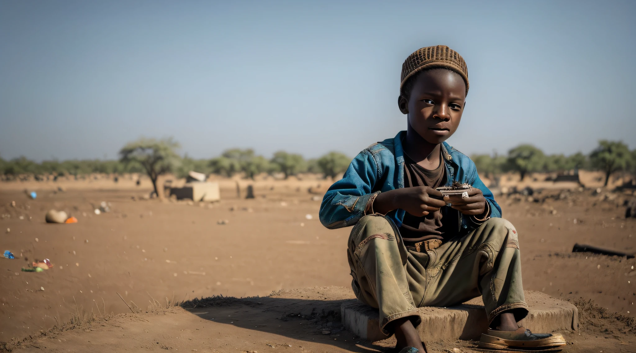The African boy is sitting in an empty field, surrounded by rubble and debris from destroyed structures. He is wearing torn and dirty clothes, and carries a tired and sad expression on his face. In his right hand, he holds a rusty gun, while in his left hand, he holds a photo of his family that was killed during the war
