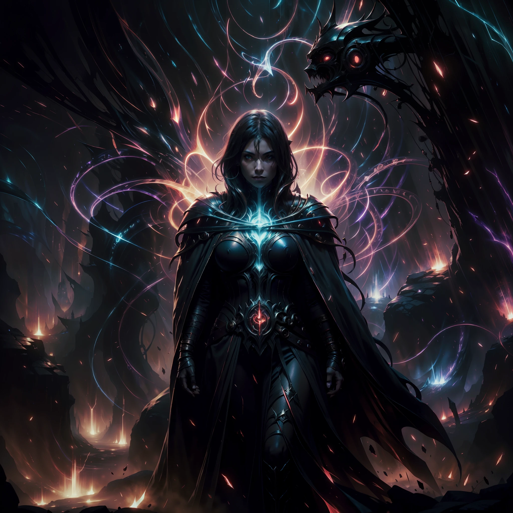 breathtaking concept art ((legendary dark mage lord)), black coat. (cave scenery), dark atmosphere, (vibrant colors), ((red sparks coming from the eyes)), eyecatching, mysterious and scary, dark fog, cave light, hd, 8k, masterpiece, trending on artstation, (depth of field), lot of details, highly detailed, style of Greg Rutkowski and Bastien Lecouffe-Deharme, award-winning, professional, highly detailed,large breasts