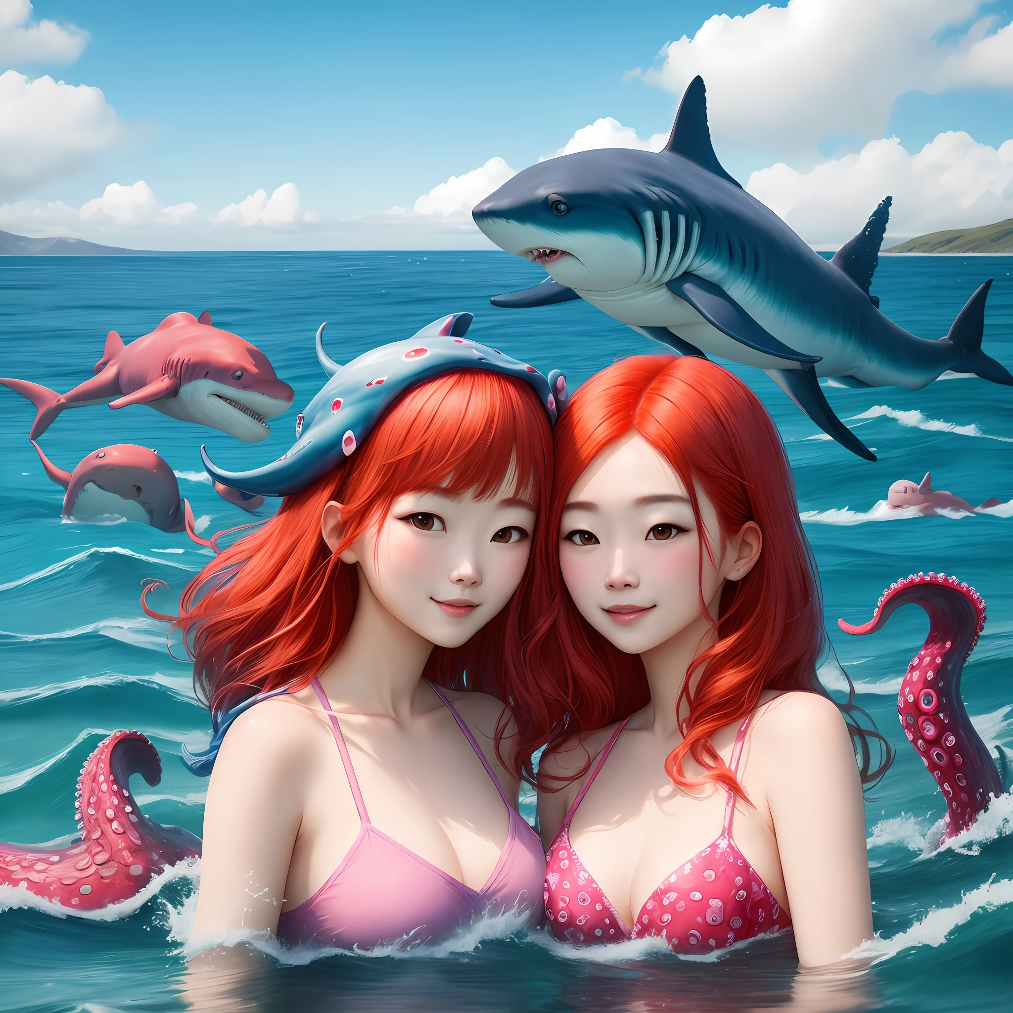 one would be with a focus on the face, red hair, on the background of the blue sea, with pink octopus, blue shark and colorful seaweed.