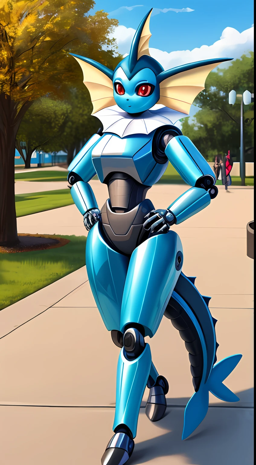 Vaporeon ,obra maestra,mejor calidad,estilo de arte del futuro,robot maquina,metalico,shiny skin,metallic, mechanical,pokemon,cute pose,black sclera, blue eyes, shiny skin,1girl,city park, people, public, red eyes, shiny eyes, combat robot,